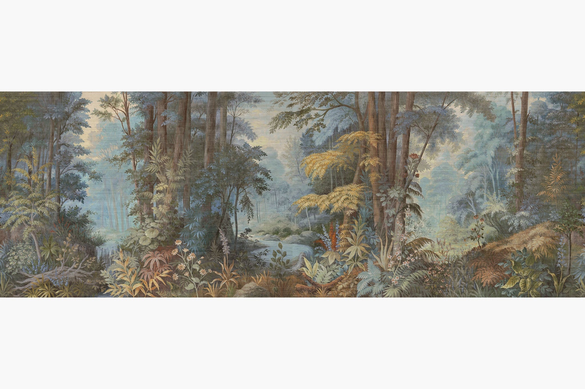 Artwork of a panoramic wallpaper mural featuring an enchanted forest scene in dusky blues, golden ochre, and soft rust.