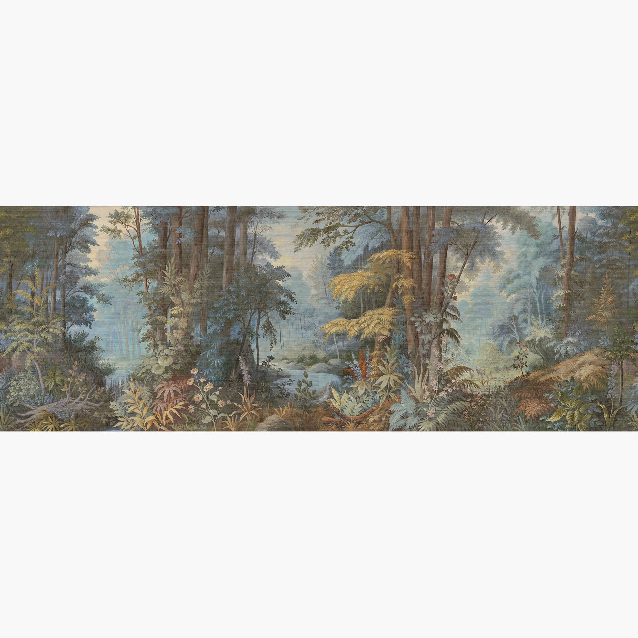 Artwork of a panoramic wallpaper mural featuring an enchanted forest scene in dusky blues, golden ochre, and soft rust.