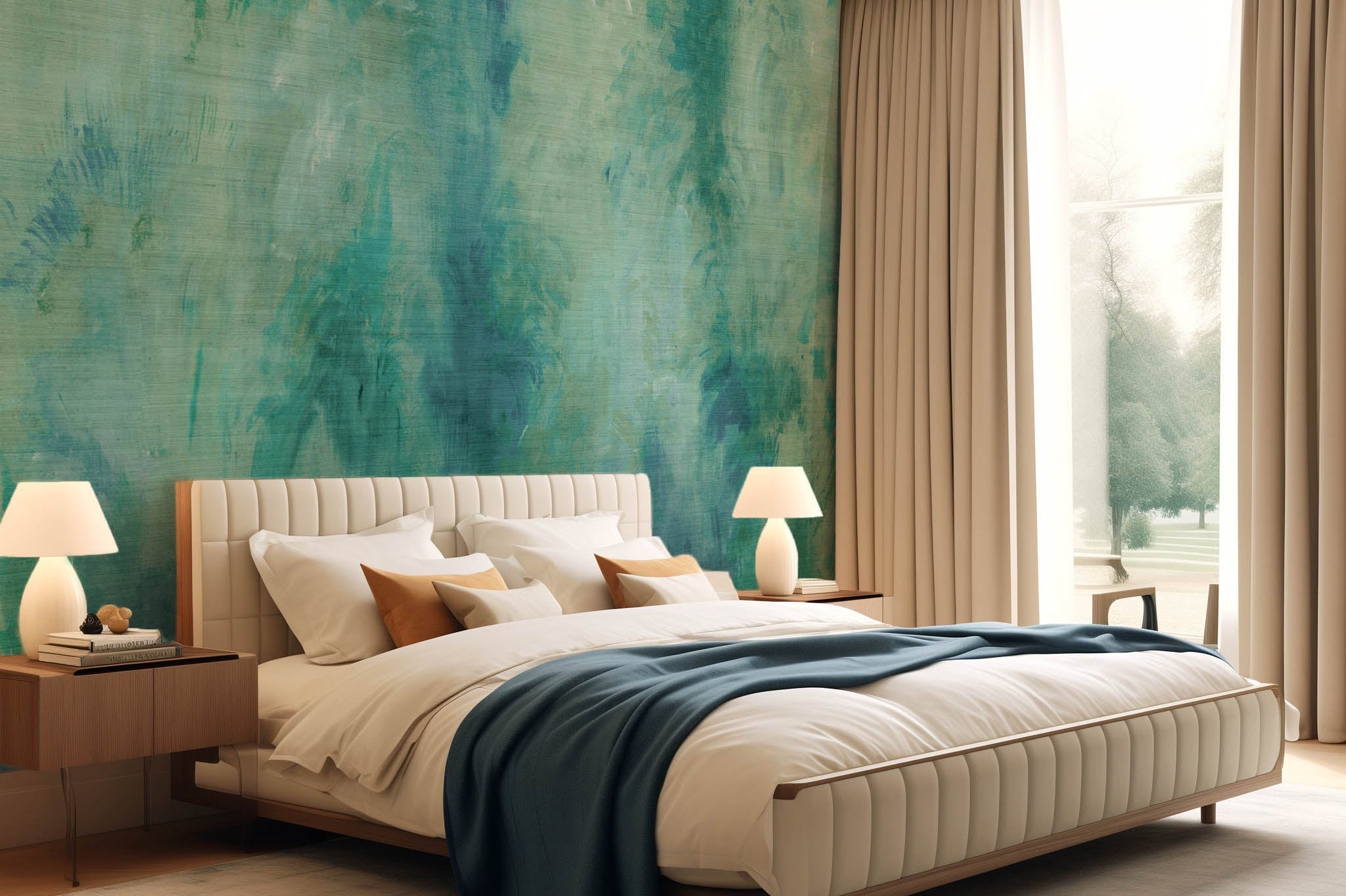 An interior bedroom featuring a panoramic grasscloth wallpaper mural of an abstract wash in aqua and jade.