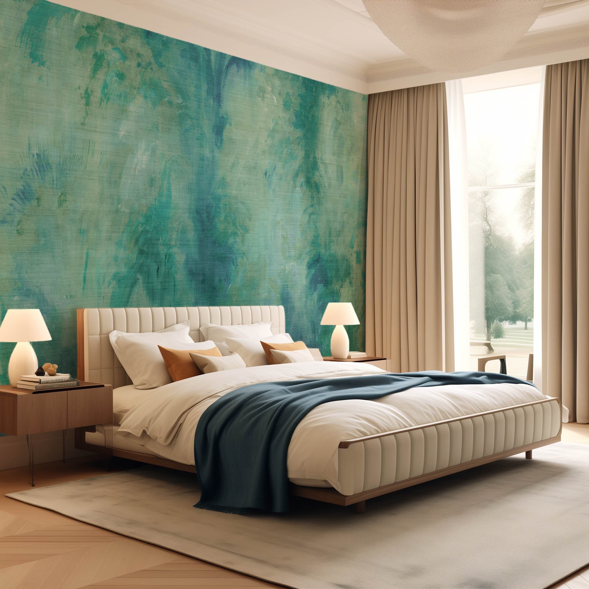 An interior bedroom featuring a panoramic grasscloth wallpaper mural of an abstract wash in aqua and jade.