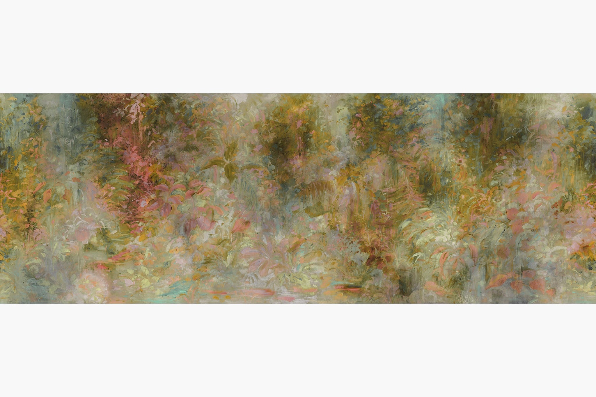 Artwork of a panoramic wallpaper mural featuring an abstract botanical layered in warm ochre, blush pink, and soft teal.