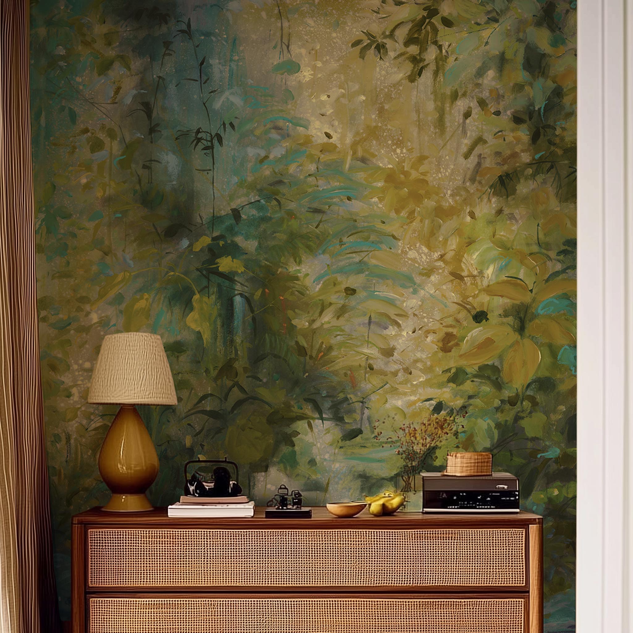 A cropped view of living room featuring a panoramic matte wallpaper mural of a jungle abstraction in emerald and ochre.