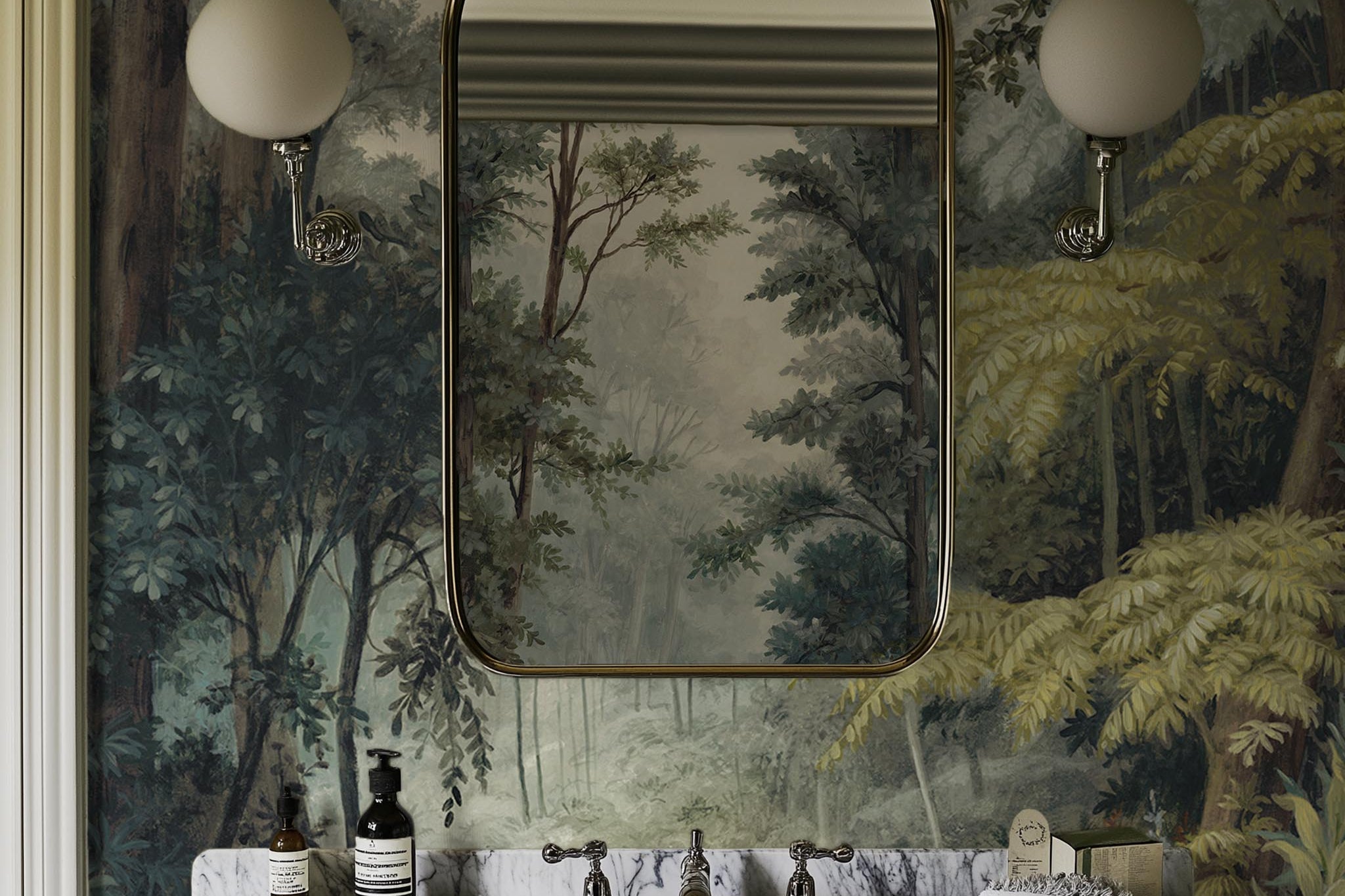 A cropped view of kitchen featuring a panoramic vinyl wallpaper mural of a misty woodland in sage and ochre.