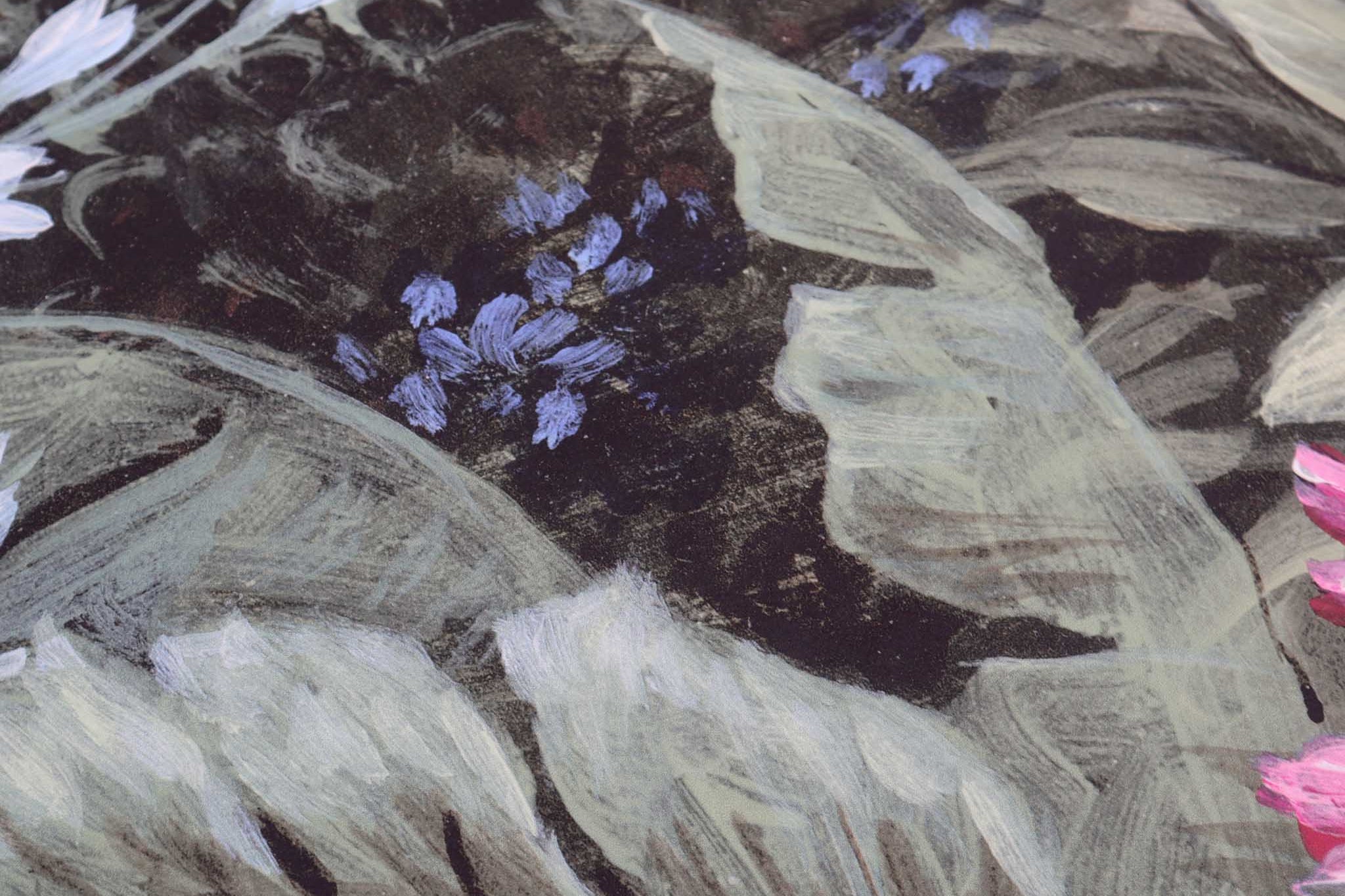 Close-up of a hand-painted floral mural featuring soft pastels and detailed leaves on a matte uncoated substrate.