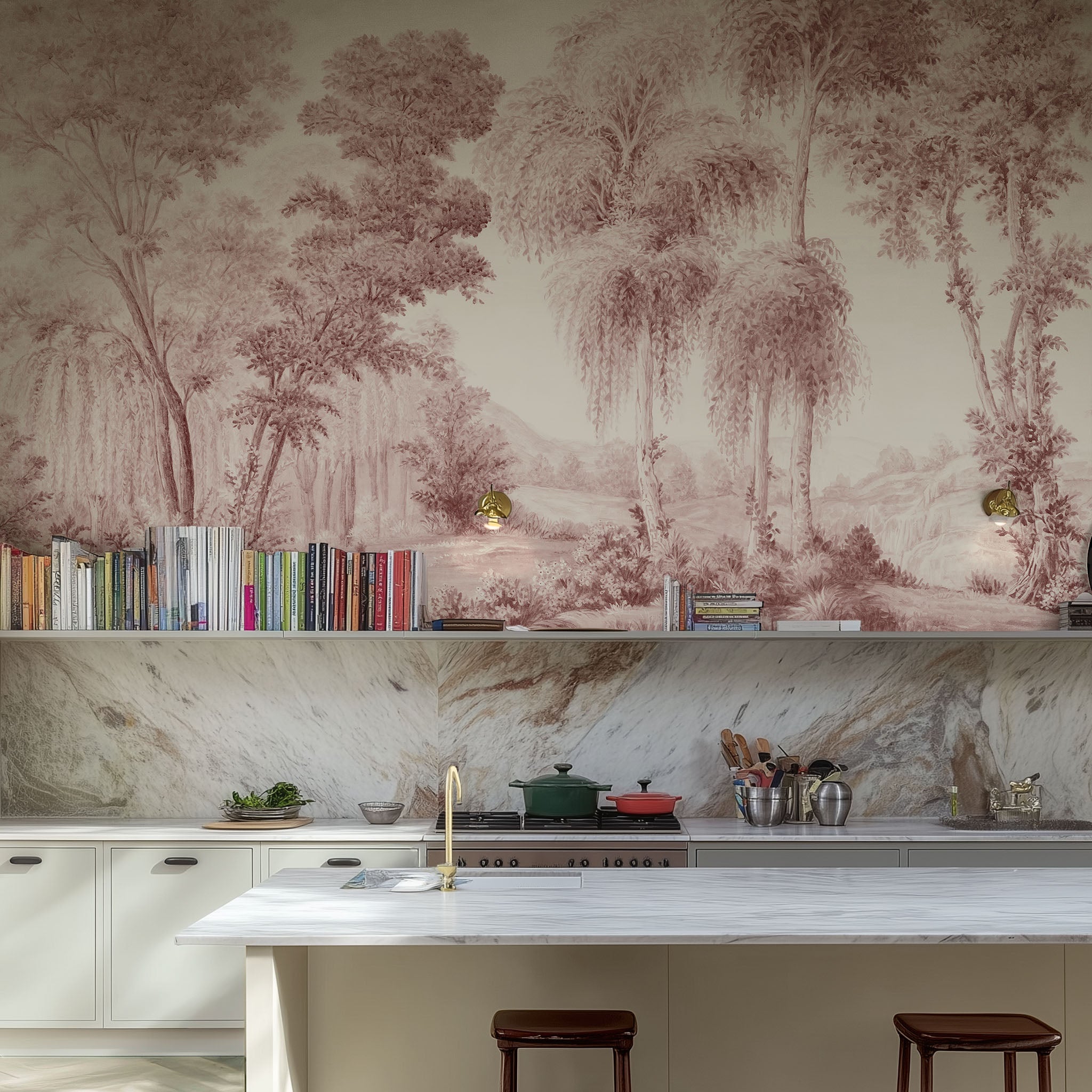 An interiorkitchen featuring a panoramic matte wallpaper mural of rose forest
