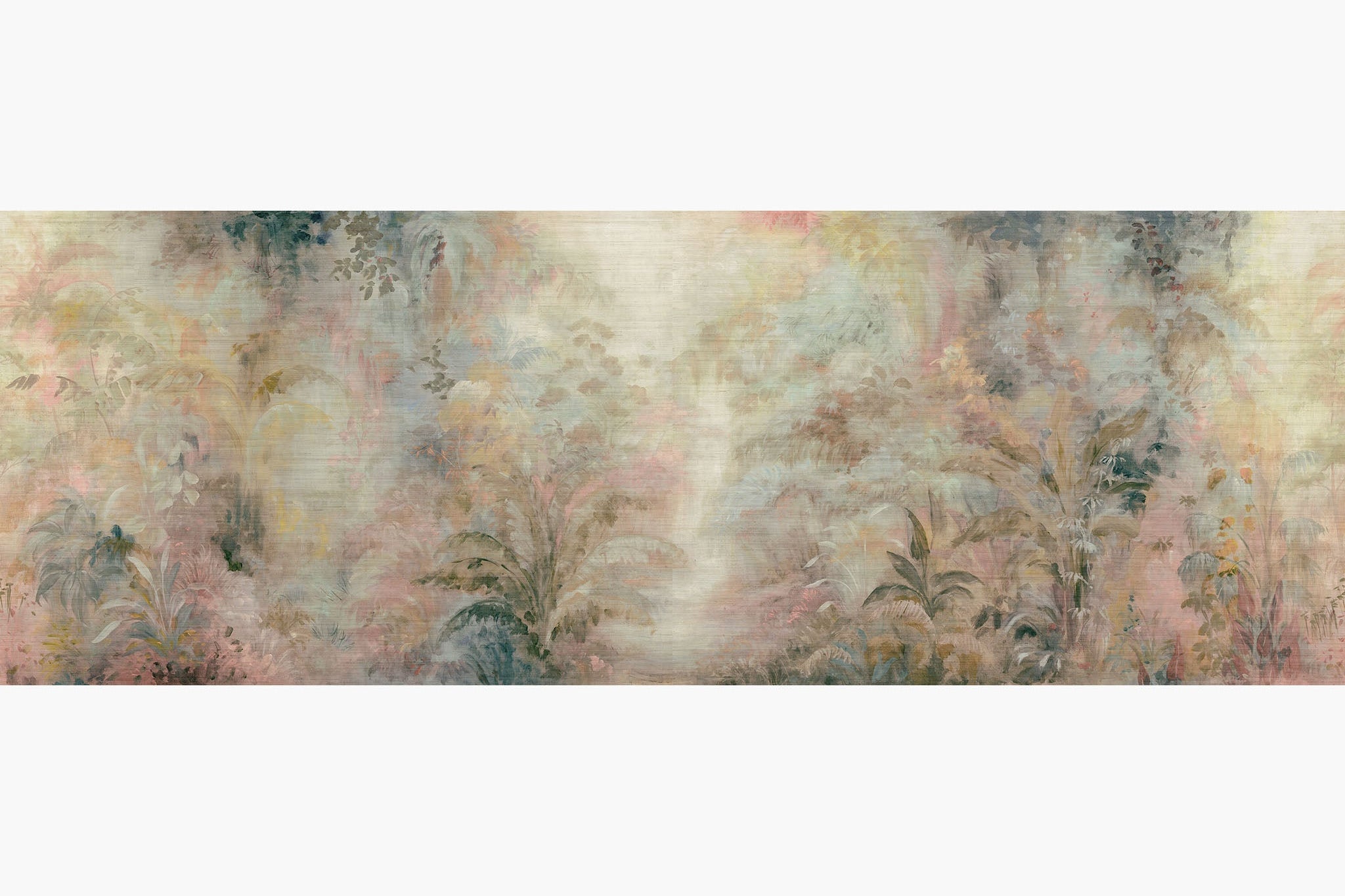 Artwork of a panoramic wallpaper mural featuring a whimsical rainforest with soft blush, butter yellow, and sky blue.