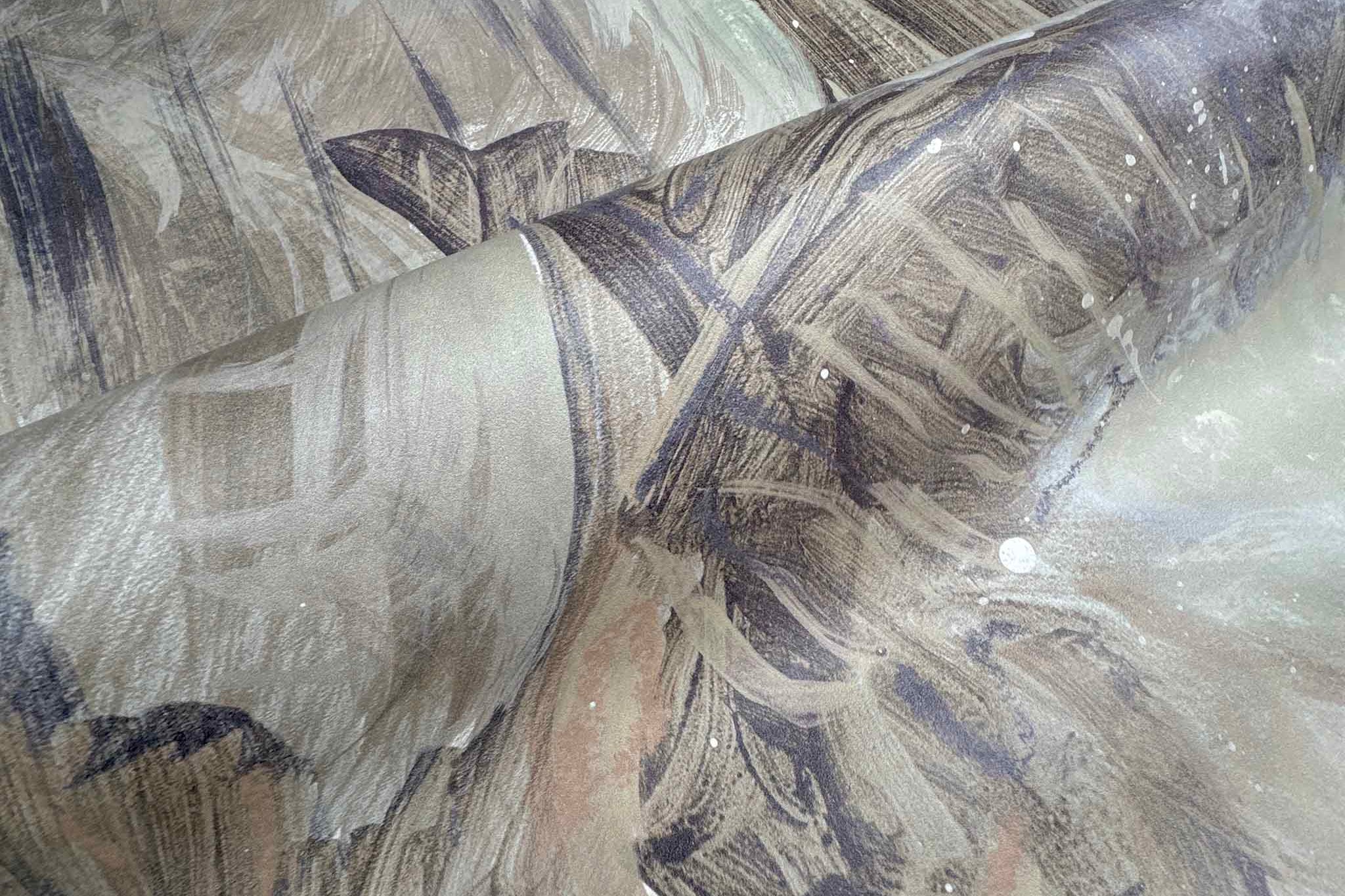 Close-up of hand-painted mural featuring a tranquil tropical landscape in sandy hues, greens, and taupes on vinyl.
