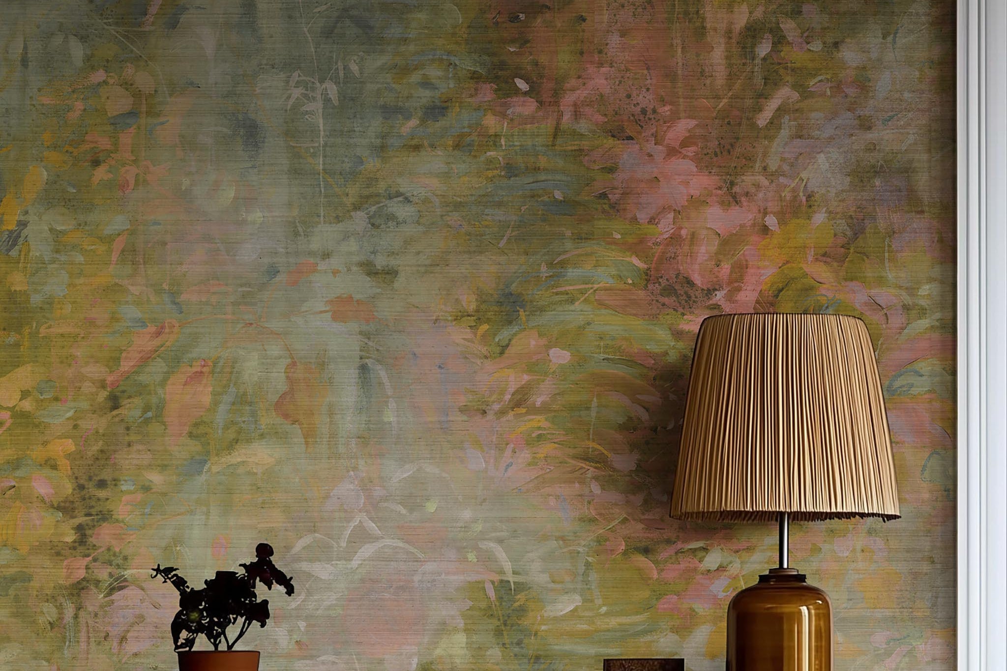 A cropped view of hallway featuring a panoramic grasscloth wallpaper mural of a abstract layering of ochre and teal.