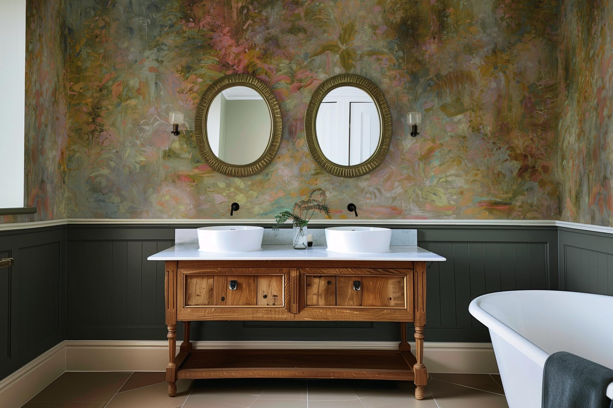 An interior bathroom featuring a panoramic vinyl wallpaper mural of a abstract layering of ochre and teal.