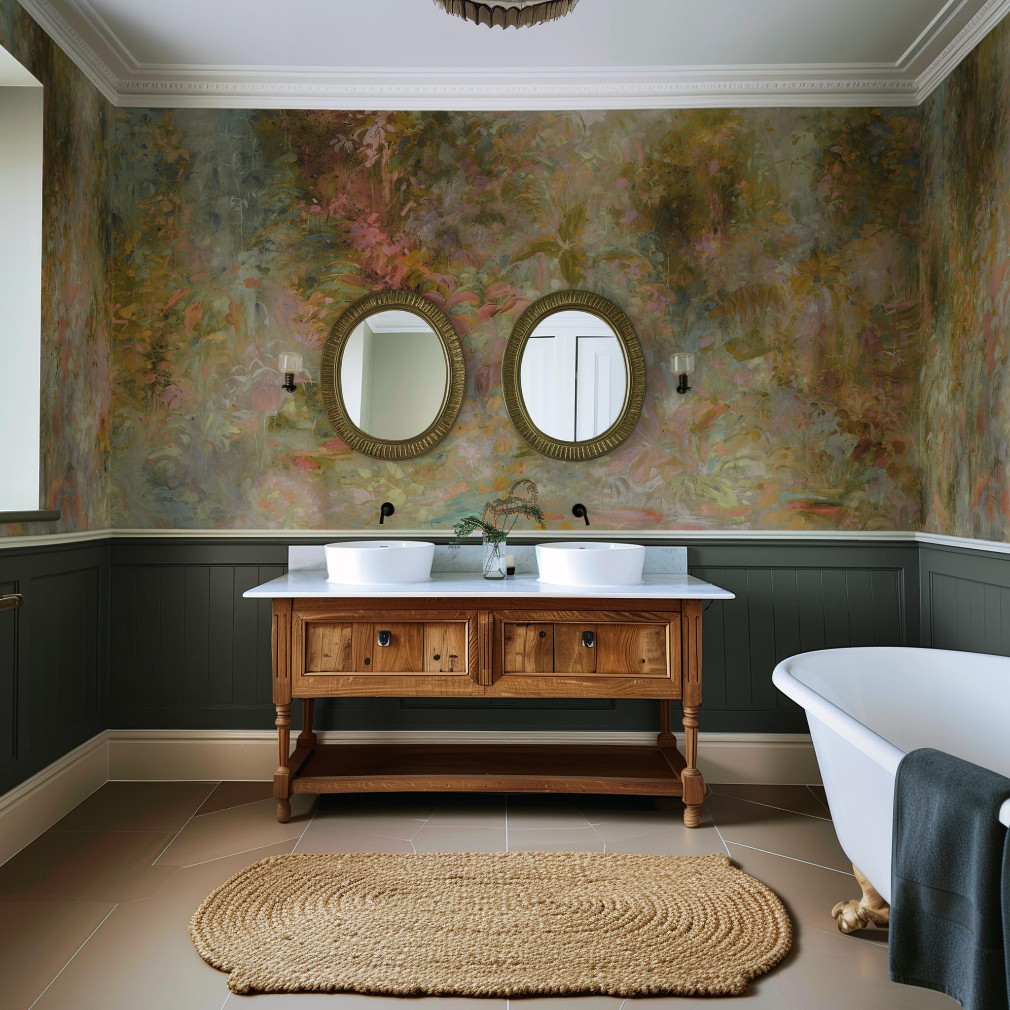 An interior bathroom featuring a panoramic vinyl wallpaper mural of a abstract layering of ochre and teal.