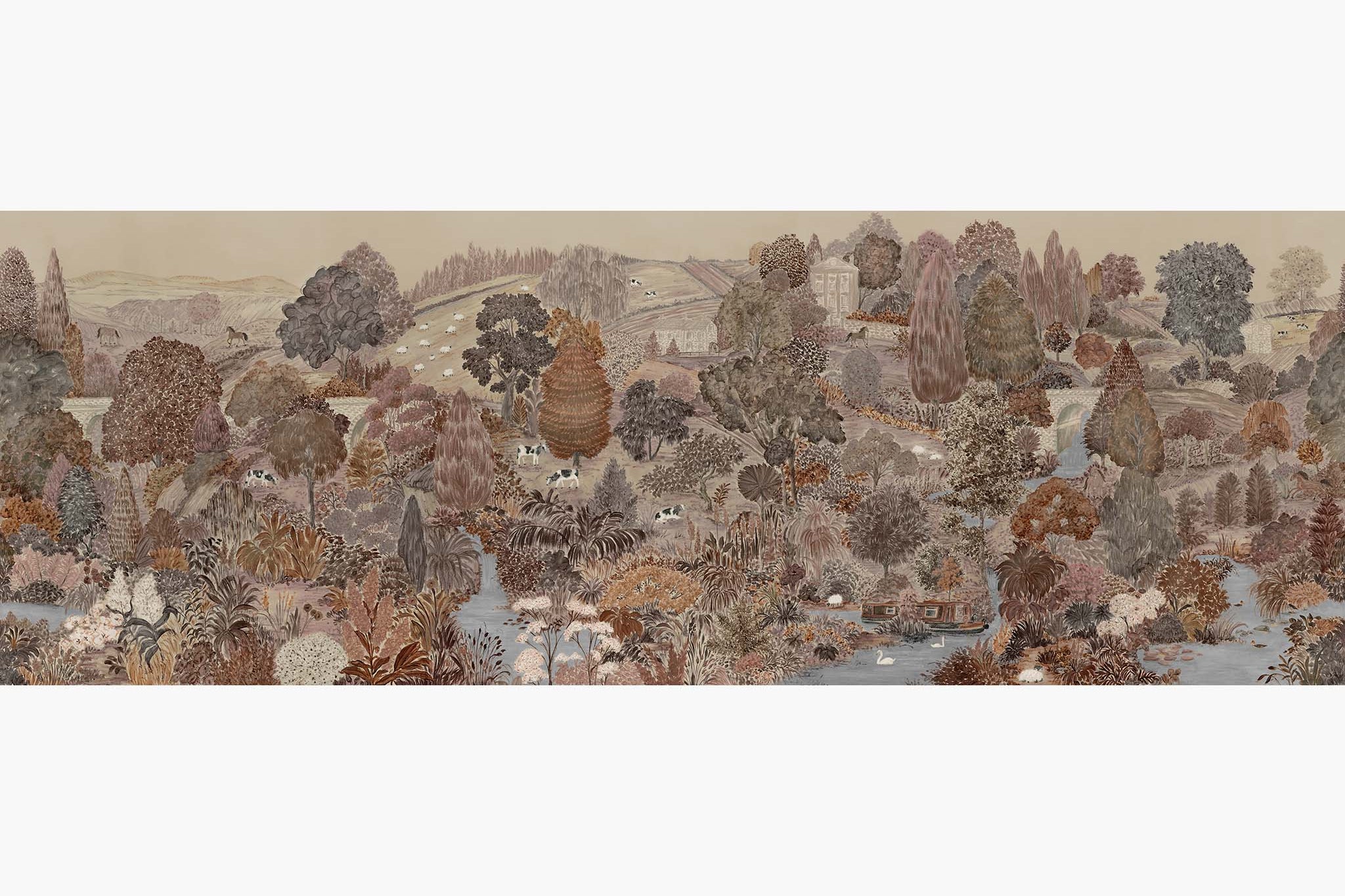 Artwork of a panoramic wallpaper mural featuring a rolling Yorkshire scene in warm clays, soft plums, and rusted greens