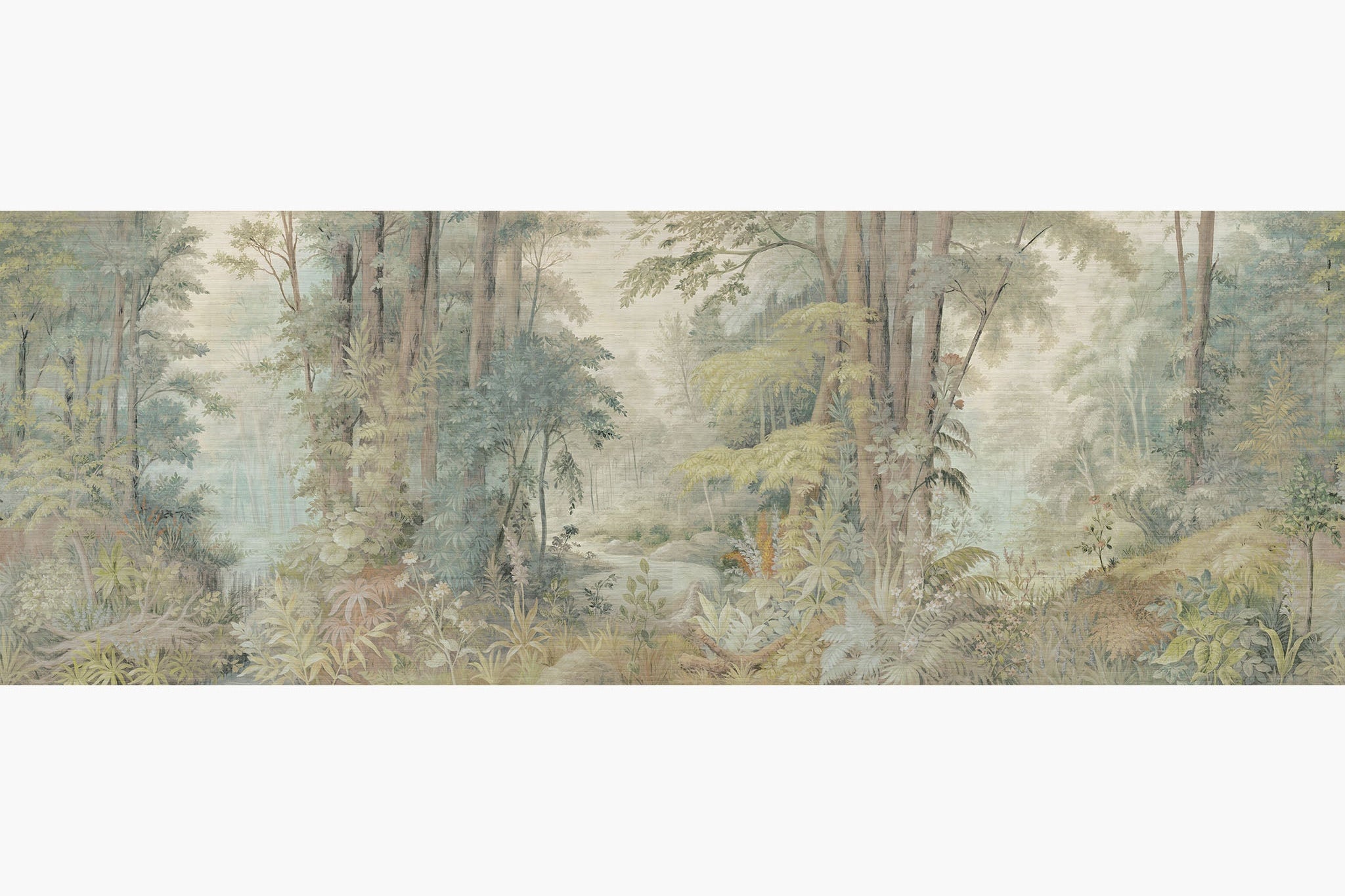 Artwork of a panoramic wallpaper mural featuring an airy forest landscape in pale sage, buttery yellow, and soft mist tones.