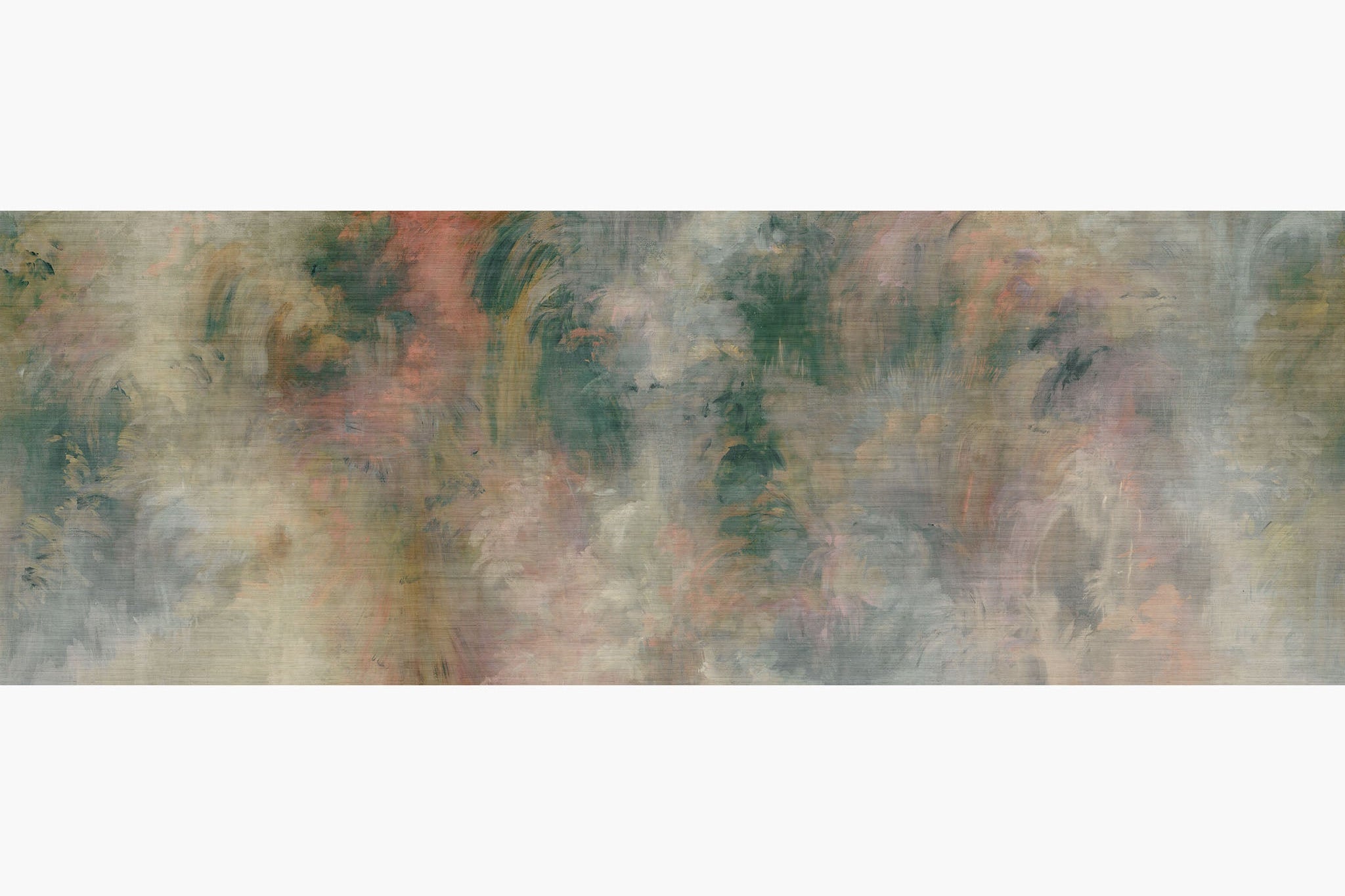 Artwork of a panoramic wallpaper mural featuring a painterly forest haze in moss green, coral blush, and soft ivory.