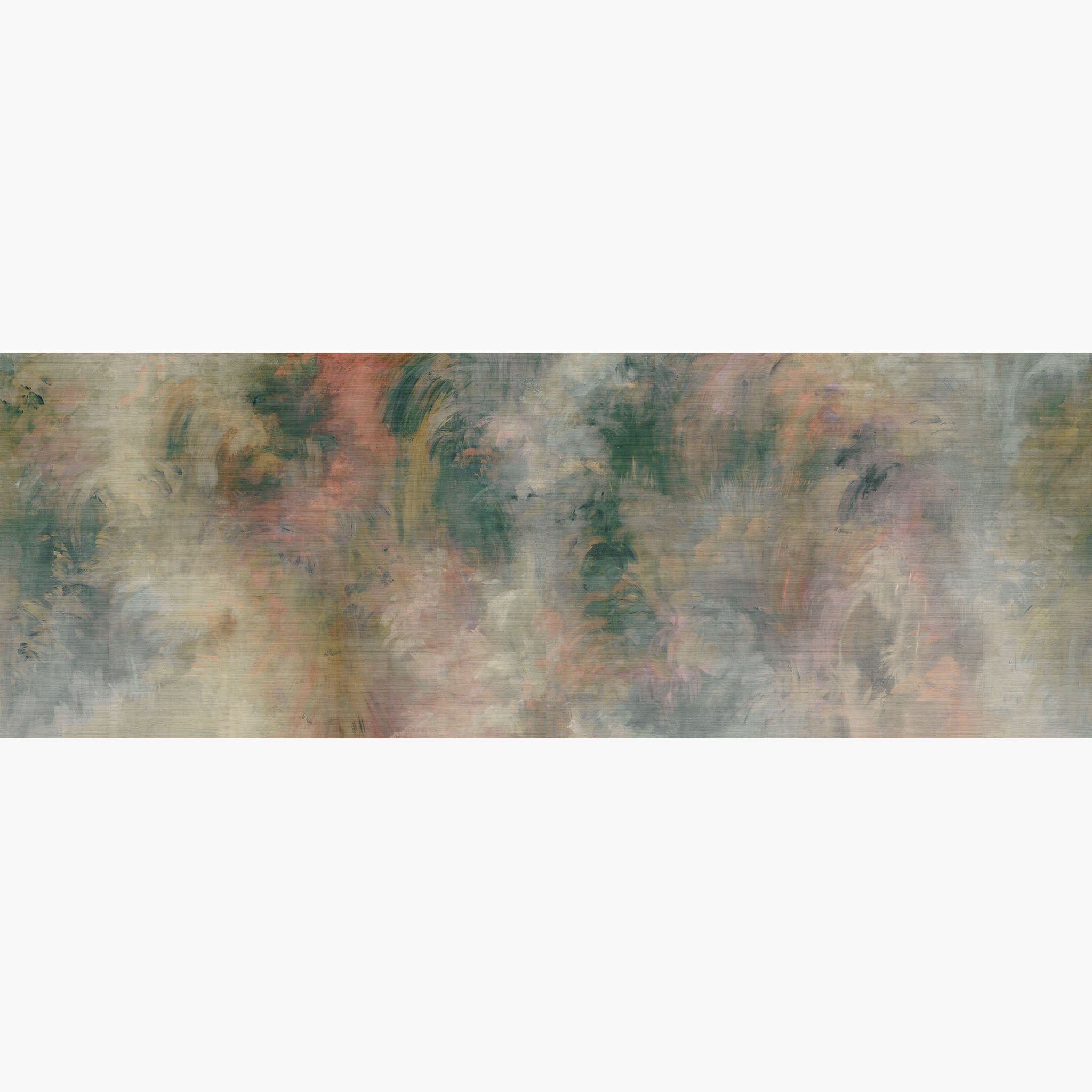 Artwork of a panoramic wallpaper mural featuring a painterly forest haze in moss green, coral blush, and soft ivory.