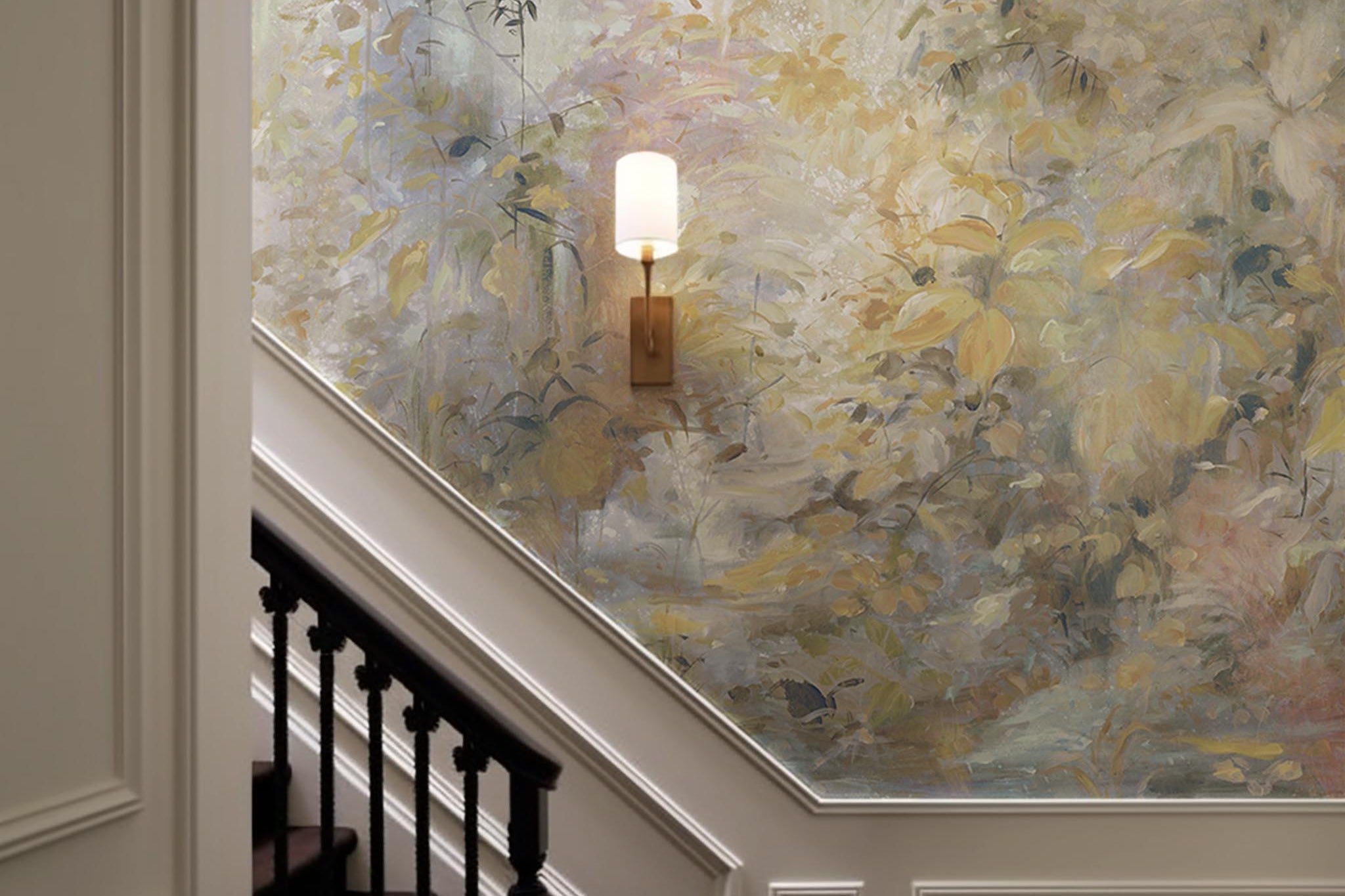 An interior staircase featuring a panoramic matte wallpaper mural of an abstract forest in lemon and cream.