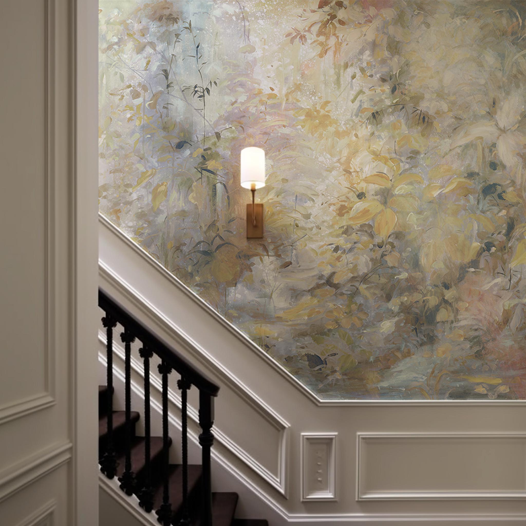 An interior staircase featuring a panoramic matte wallpaper mural of an abstract forest in lemon and cream.