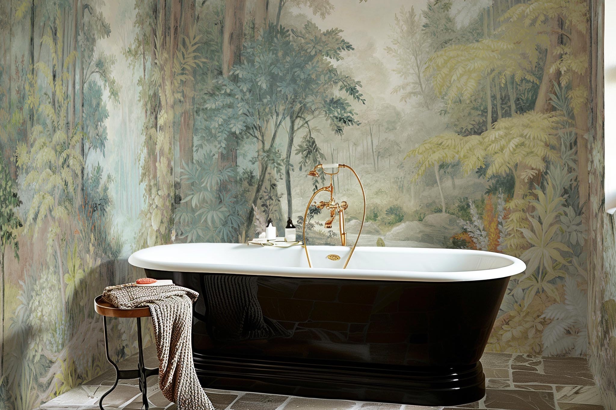 An interior bathroom featuring a panoramic vinyl wallpaper mural of an airy woodland in sage, yellow, and mist.