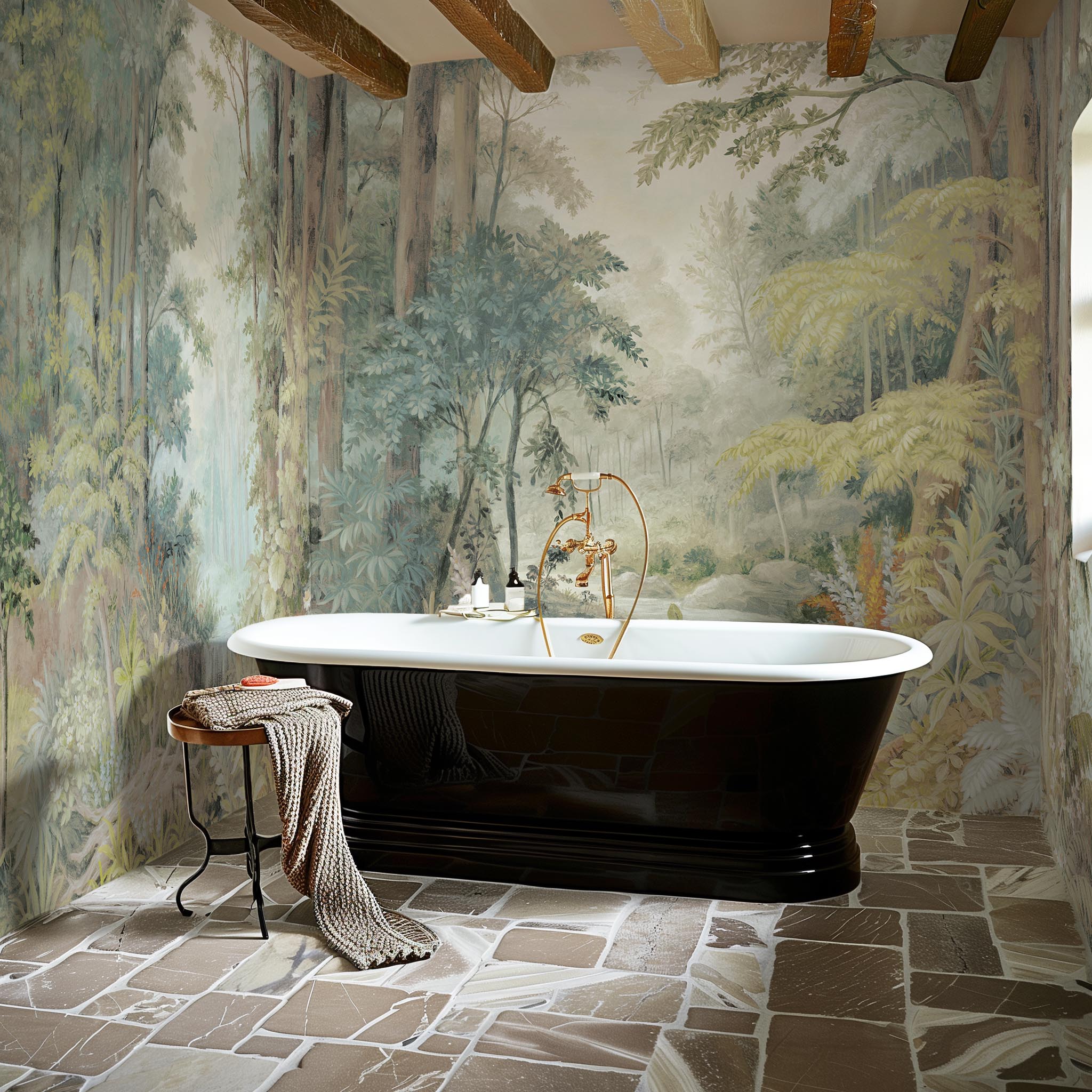 An interior bathroom featuring a panoramic vinyl wallpaper mural of an airy woodland in sage, yellow, and mist.