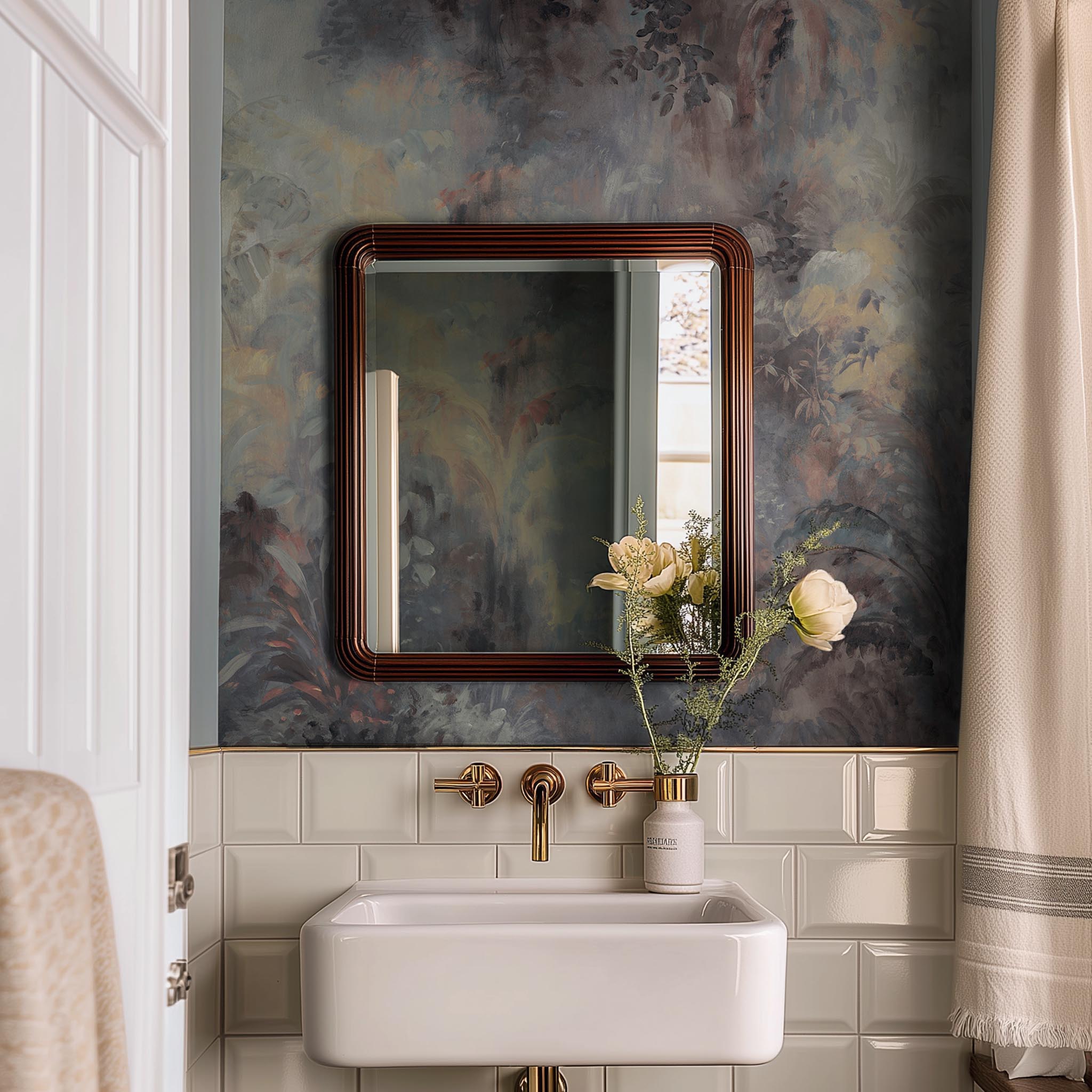 A cropped view of bathroom featuring a panoramic vinyl wallpaper mural of a rainforest in lavender and rust.