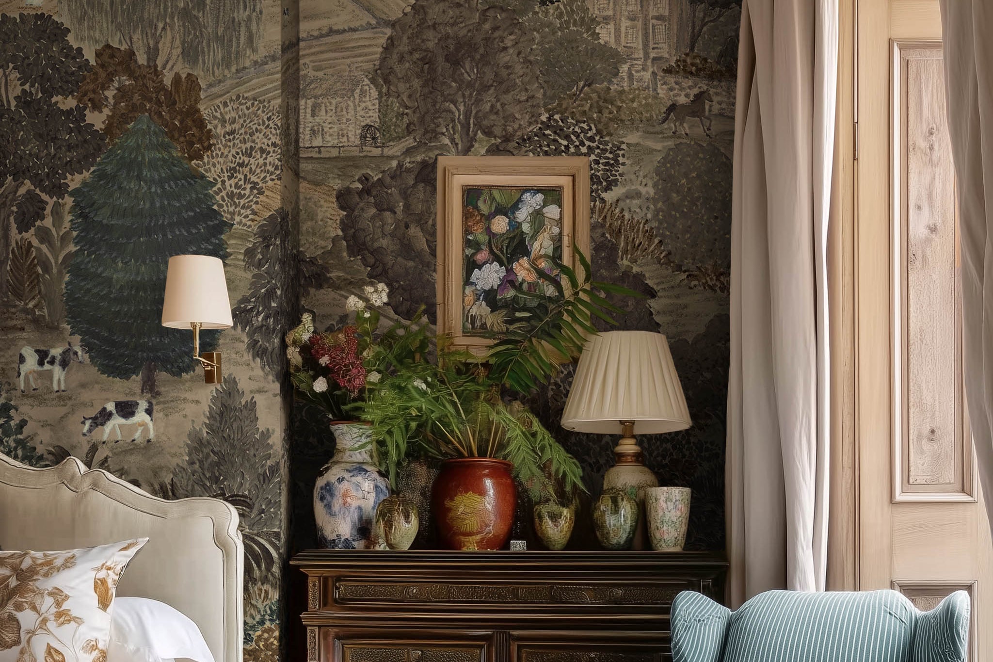 A cropped view of a bedroom featuring a panoramic matte wallpaper mural of deep olive, slate, and ash countryside scene