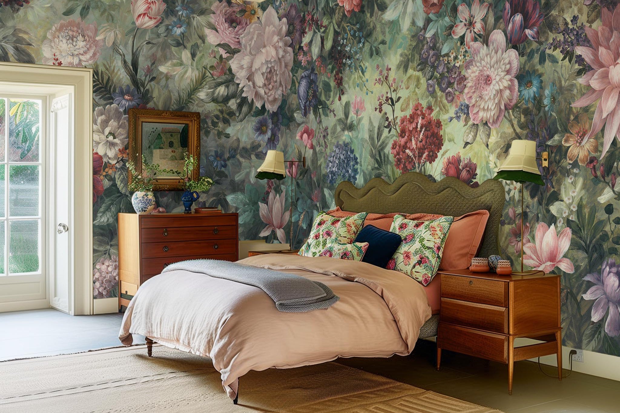 An interior bedroom featuring a panoramic vinyl wallpaper mural of a floral tapestry in rich jewel tones.