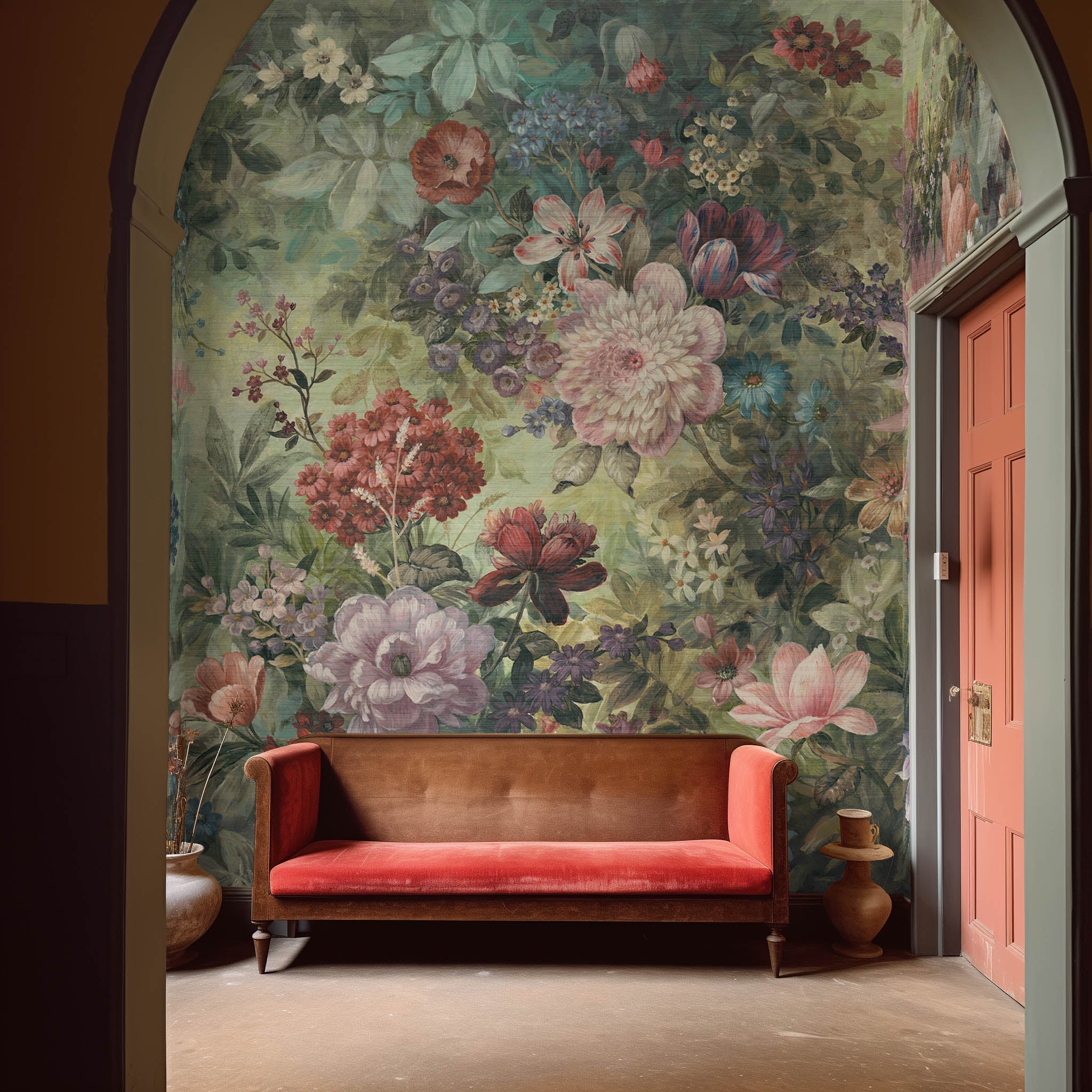 An interior sitting area featuring a panoramic grasscloth wallpaper mural of a floral tapestry in rich jewel tones.