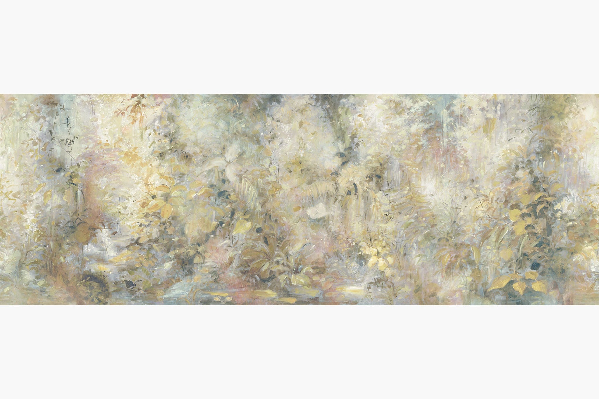 Artwork of a panoramic wallpaper mural featuring a light-filled botanical haze in pale lemon, soft cream, and whisper pink.
