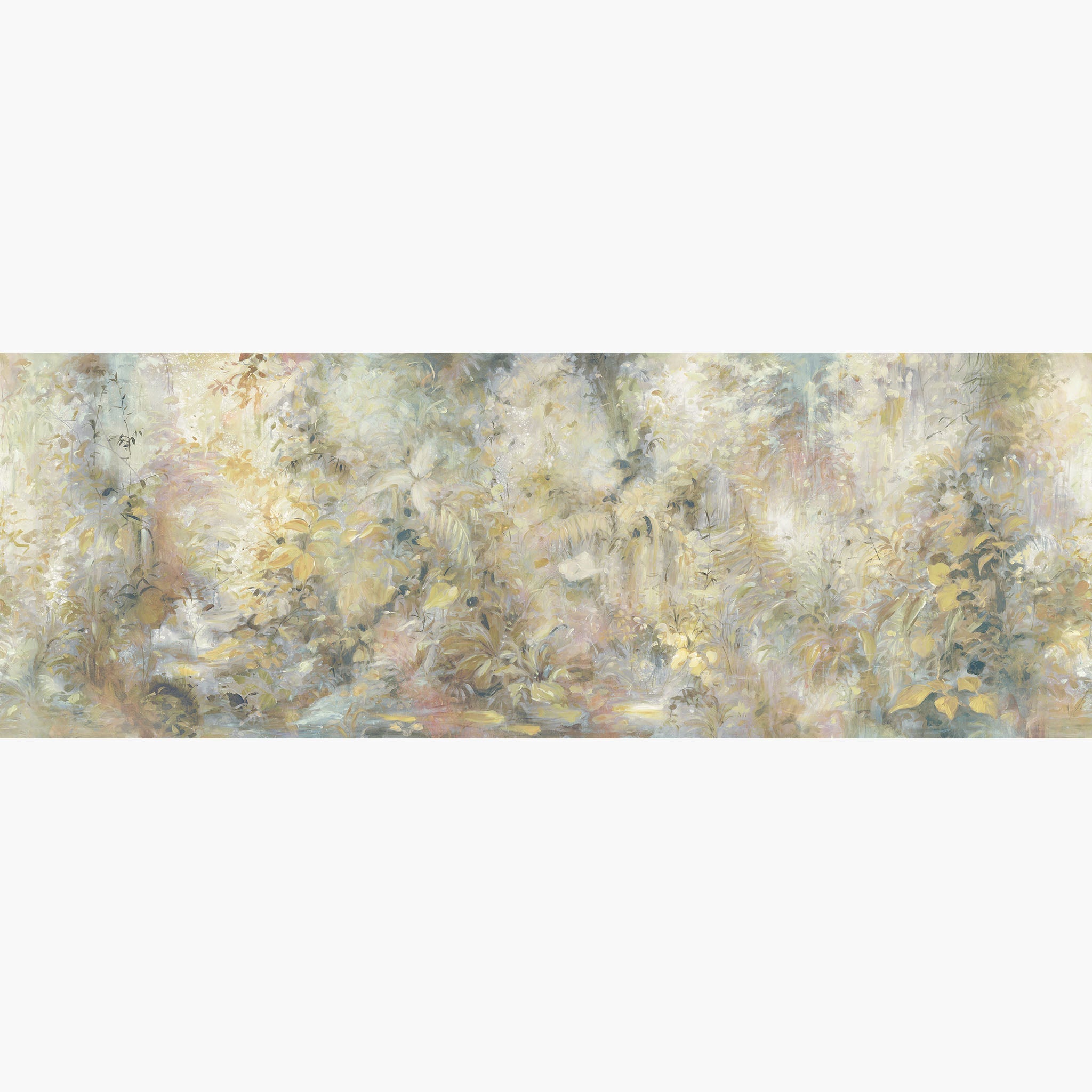 Artwork of a panoramic wallpaper mural featuring a light-filled botanical haze in pale lemon, soft cream, and whisper pink.
