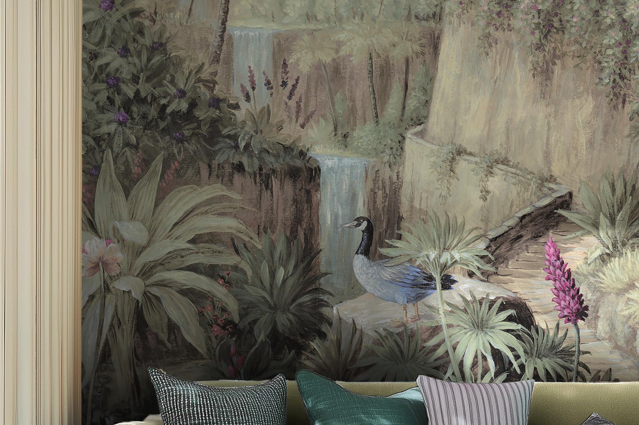 A cropped view of living room featuring a panoramic vinyl wallpaper mural of a tropical paradise in cool greens and blushes.