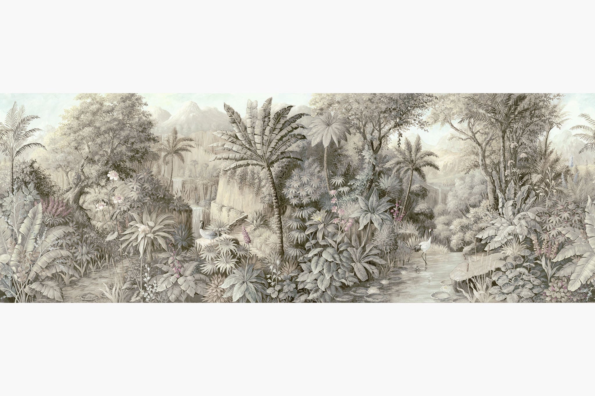 Artwork of a panoramic wallpaper mural featuring a tranquil jungle vista in soft sepia, ash green, and pale blush,
