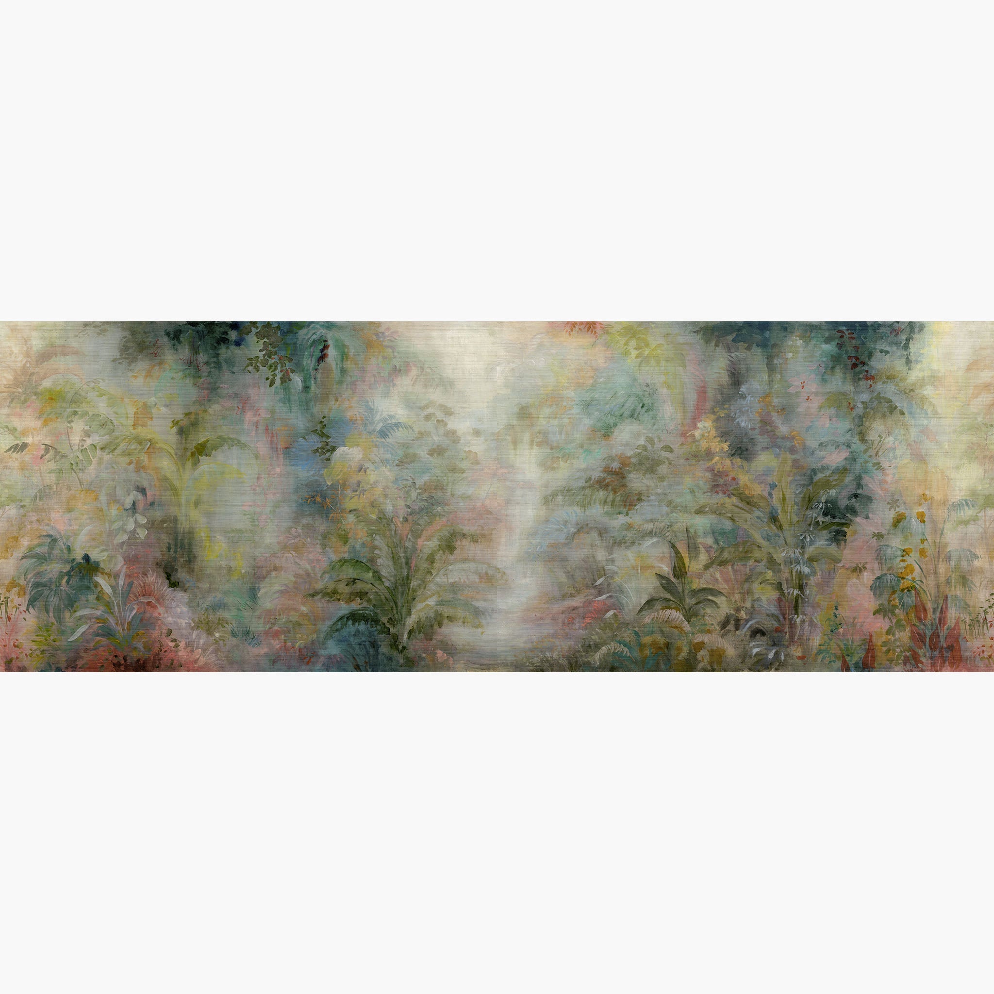 Artwork of a panoramic wallpaper mural featuring a lush rainforest scene with vibrant greens, soft corals, and golden light.