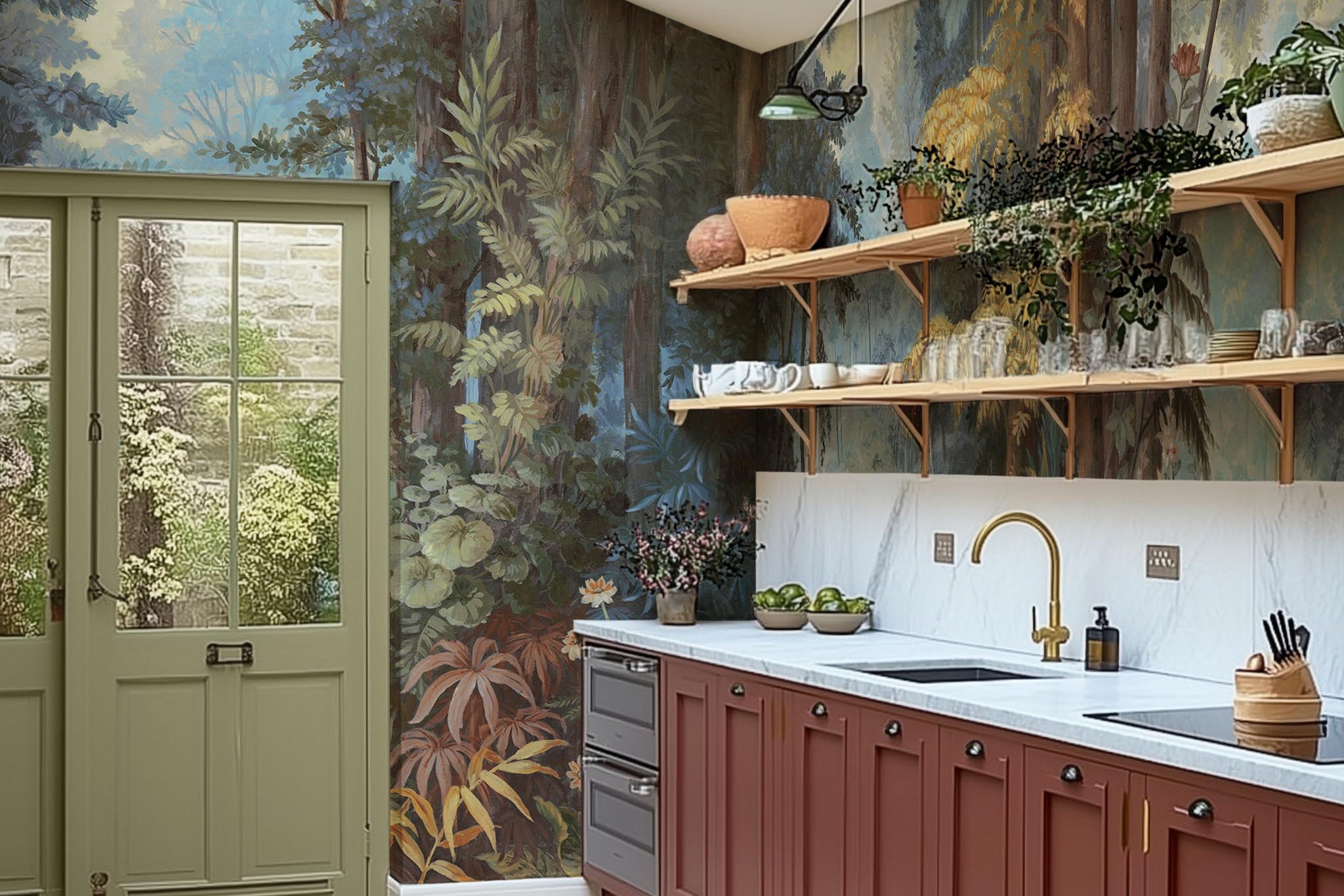 A cropped view of kitchen featuring a panoramic vinyl wallpaper mural of an enchanted forest in blue and rust.