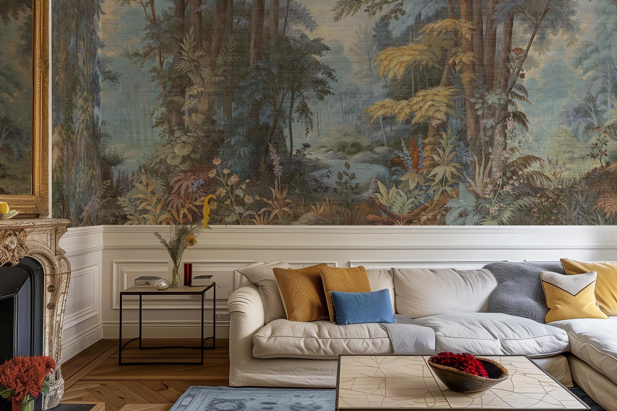 An interior living room featuring a panoramic grasscloth wallpaper mural of an enchanted forest in blue and rust.