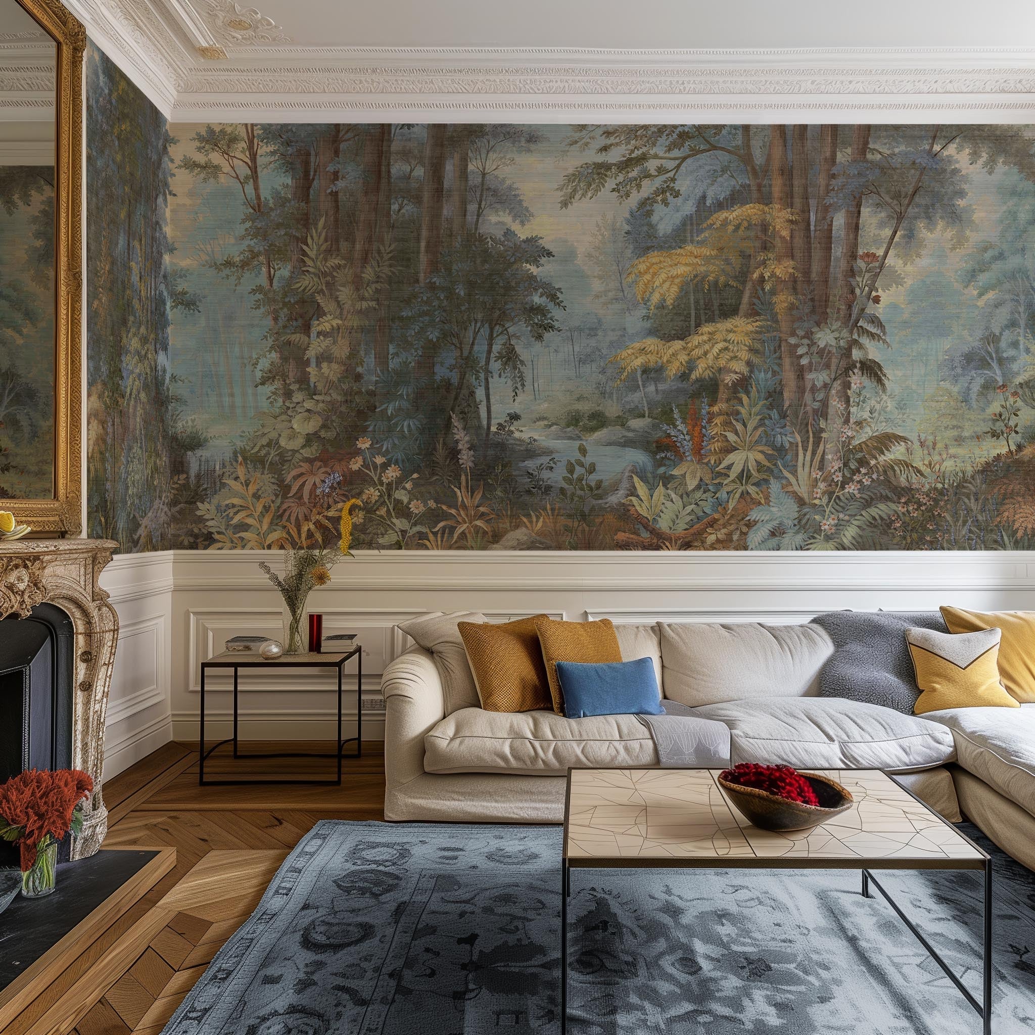 An interior living room featuring a panoramic grasscloth wallpaper mural of an enchanted forest in blue and rust.