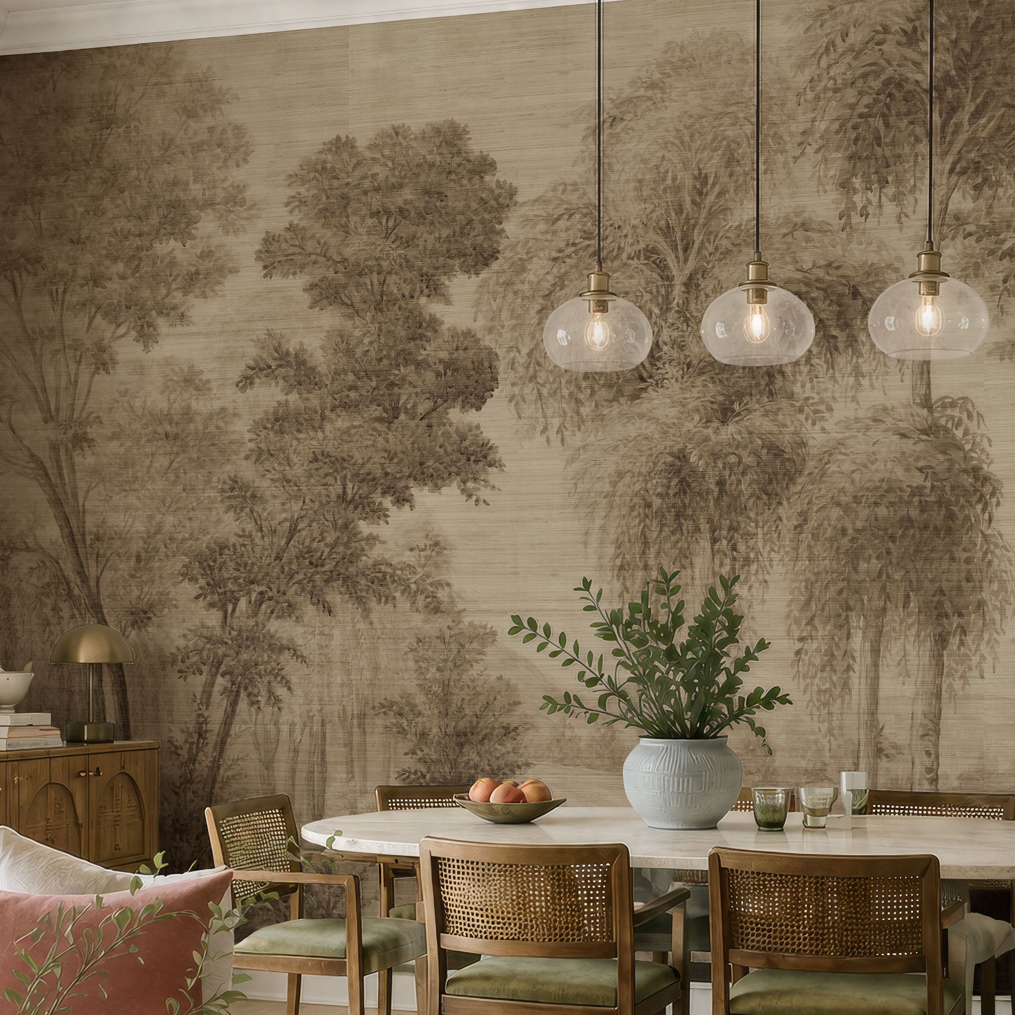 An interior dining room featuring a panoramic grasscloth wallpaper mural of sepia-toned woodland