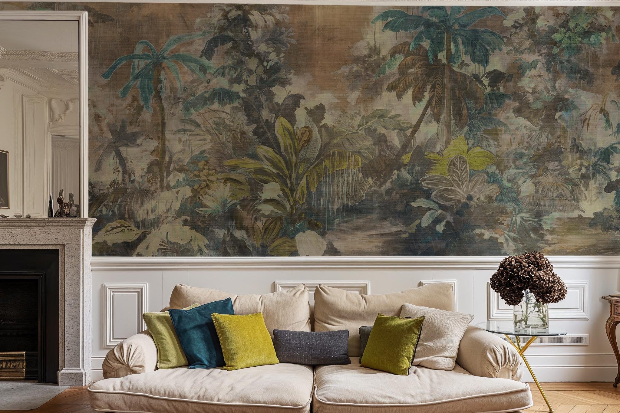 An interior living room featuring a panoramic grasscloth wallpaper mural of a moody jungle in teal and ochre.