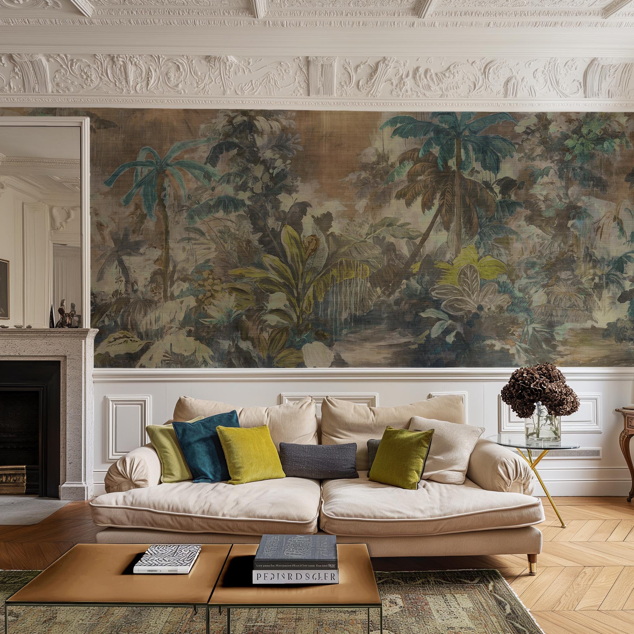 An interior living room featuring a panoramic grasscloth wallpaper mural of a moody jungle in teal and ochre.