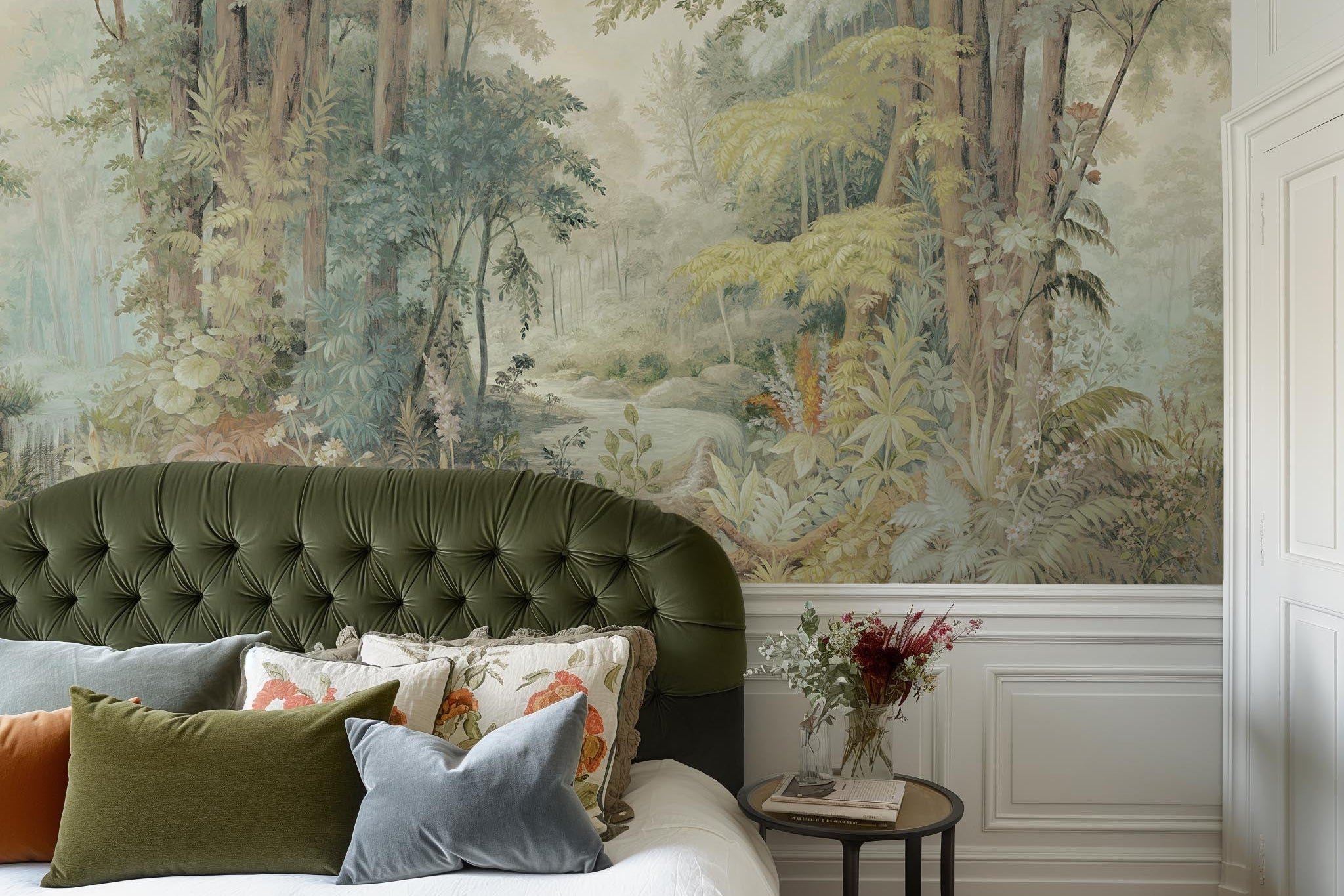 An interior bedroom featuring a panoramic matte wallpaper mural of an airy woodland in sage, yellow, and mist.