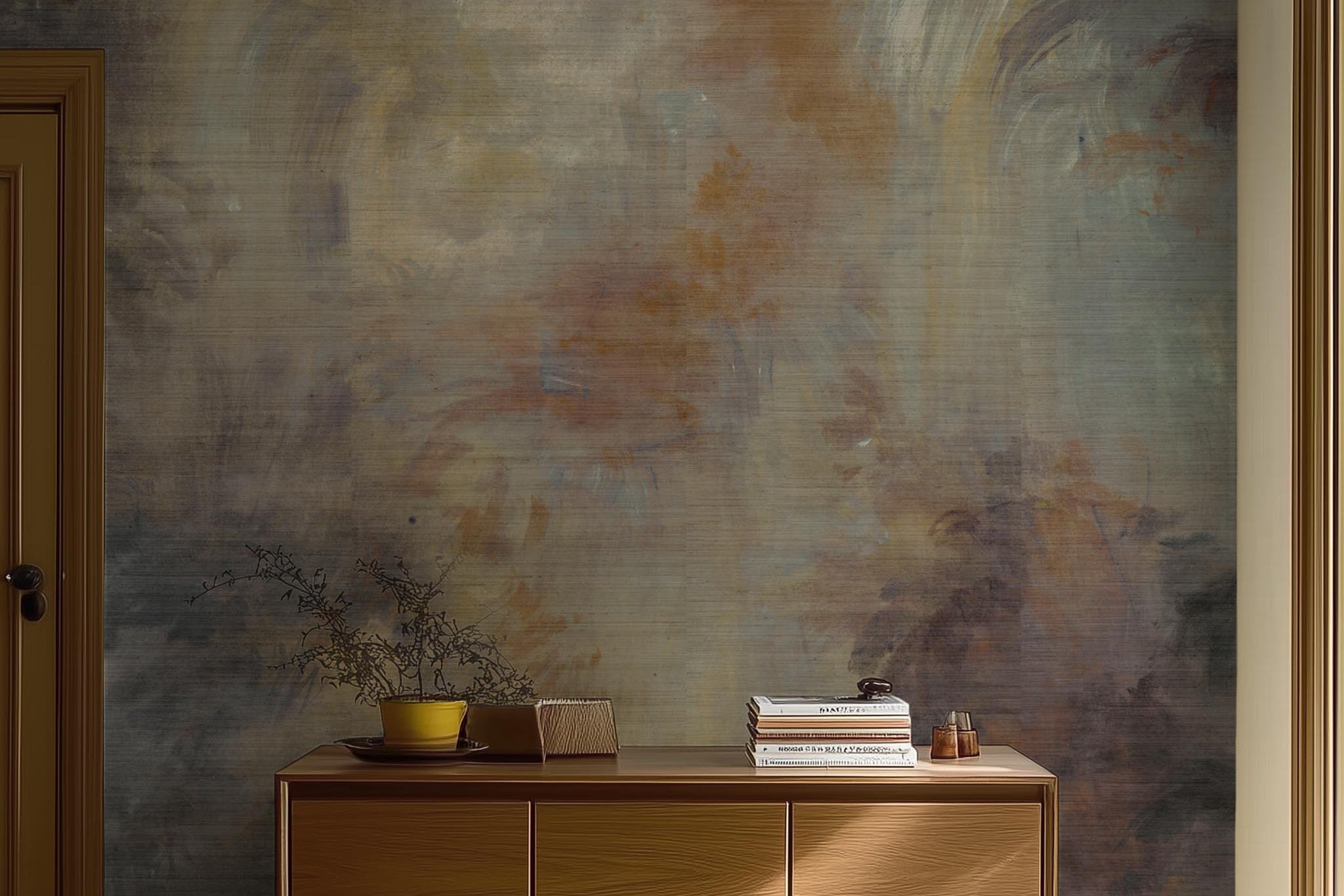 A cropped view of living room featuring a panoramic grasscloth wallpaper mural of an abstract haze in charcoal and ash.