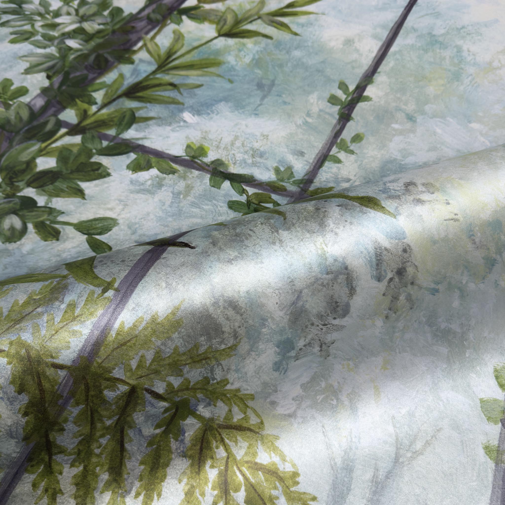 A close up view showing the detail of a pearlescent wallpaper mural which features serene bergamot mural with celadon and sage tones