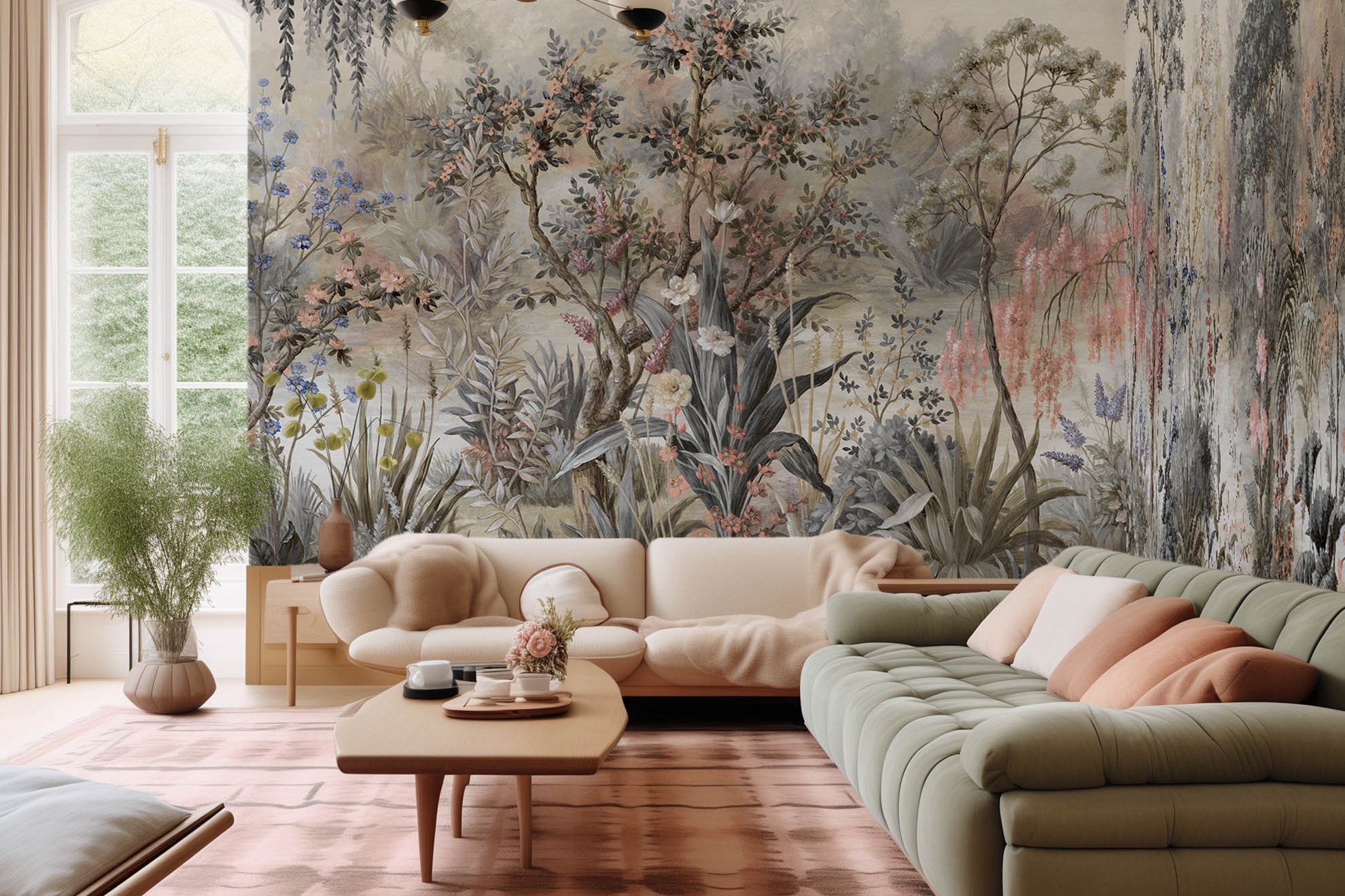 An interior living room featuring a panoramic matte wallpaper mural of a lakeside scene in vintage tones.