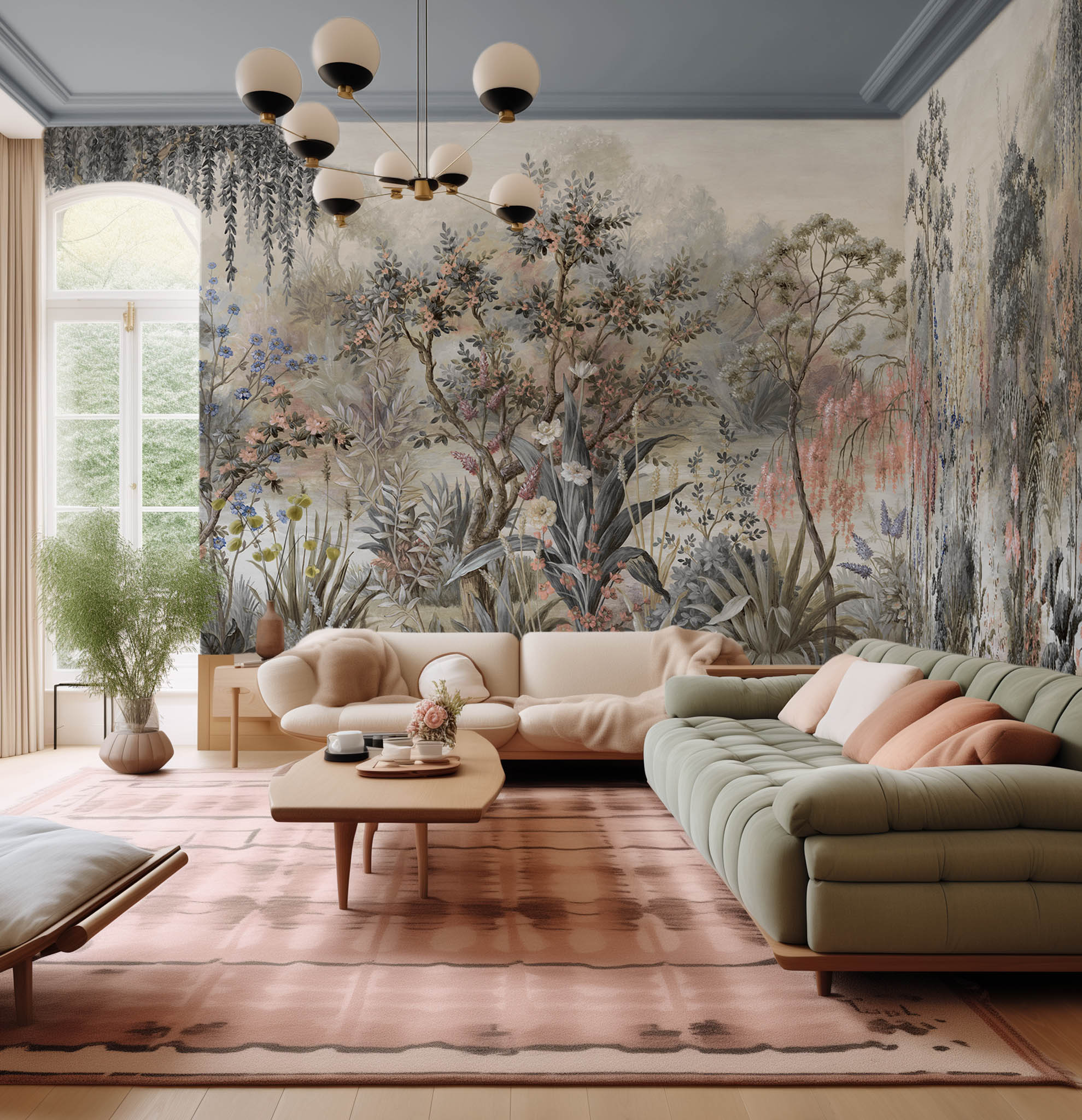 An interior living room featuring a panoramic matte wallpaper mural of a lakeside scene in vintage tones.