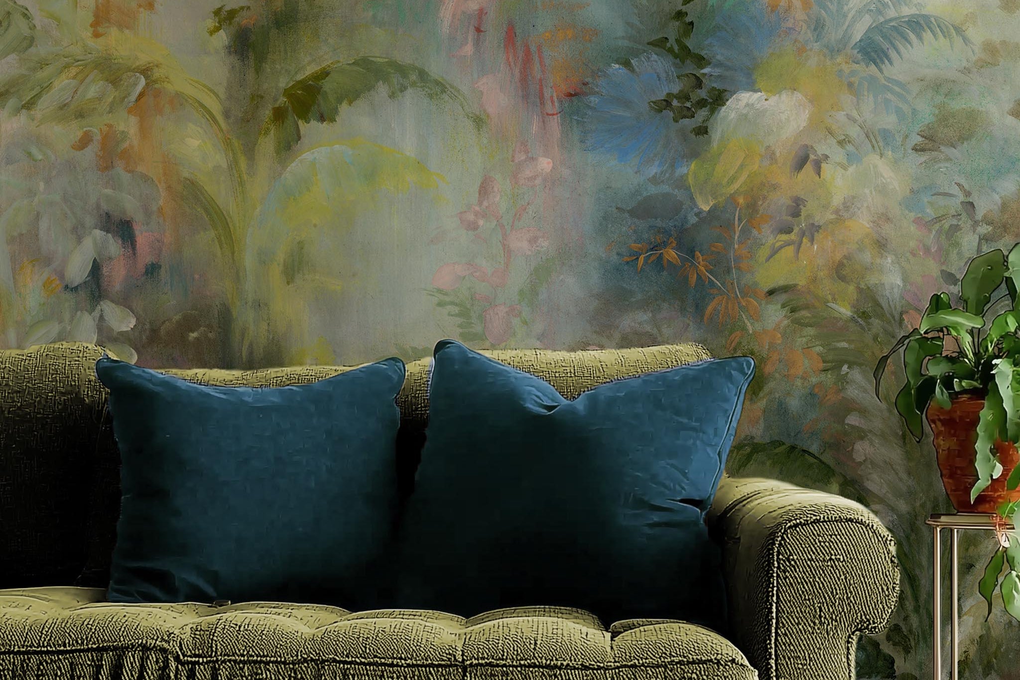 A cropped view of living room featuring a panoramic matte wallpaper mural of a rainforest in green, coral, and gold.