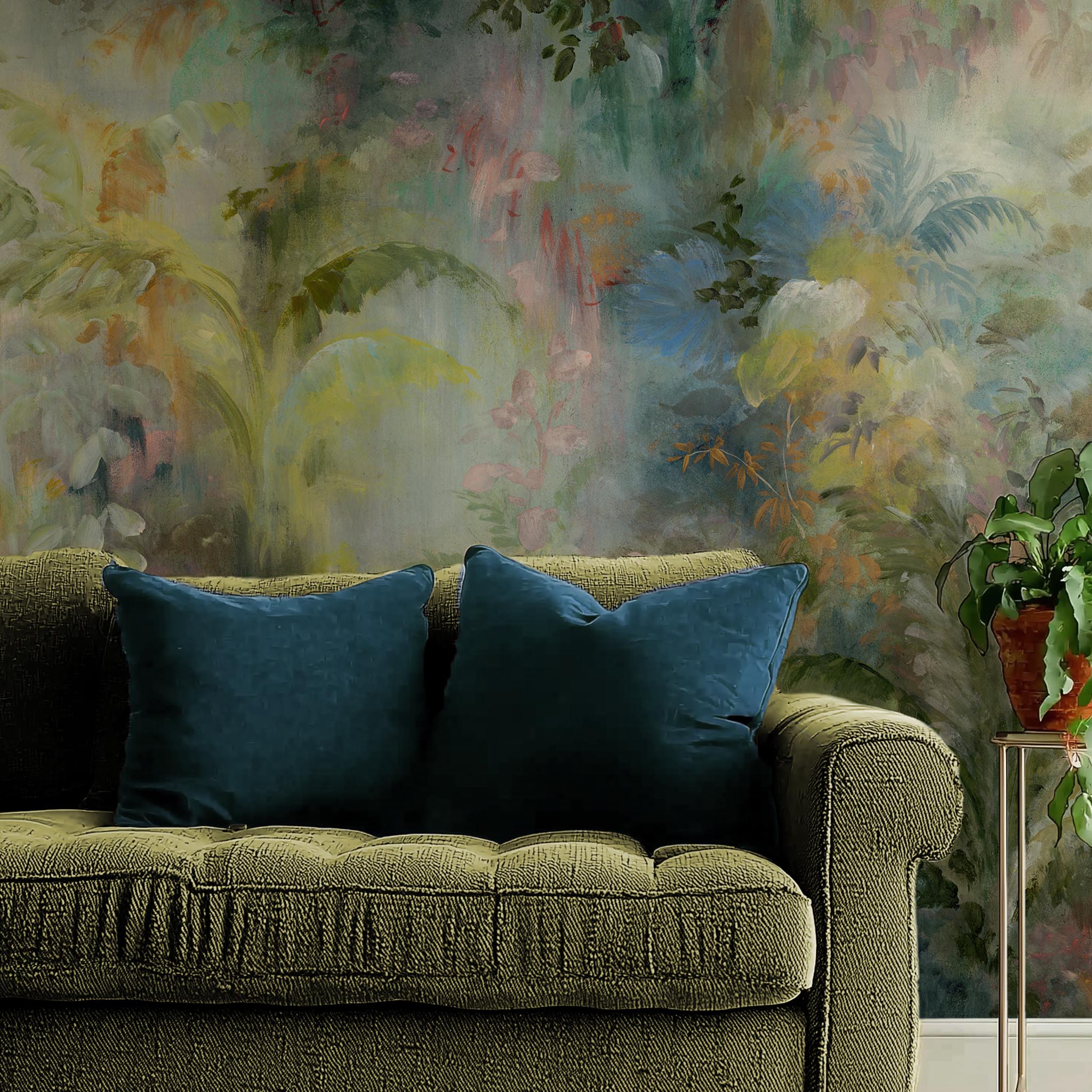 A cropped view of living room featuring a panoramic matte wallpaper mural of a rainforest in green, coral, and gold.
