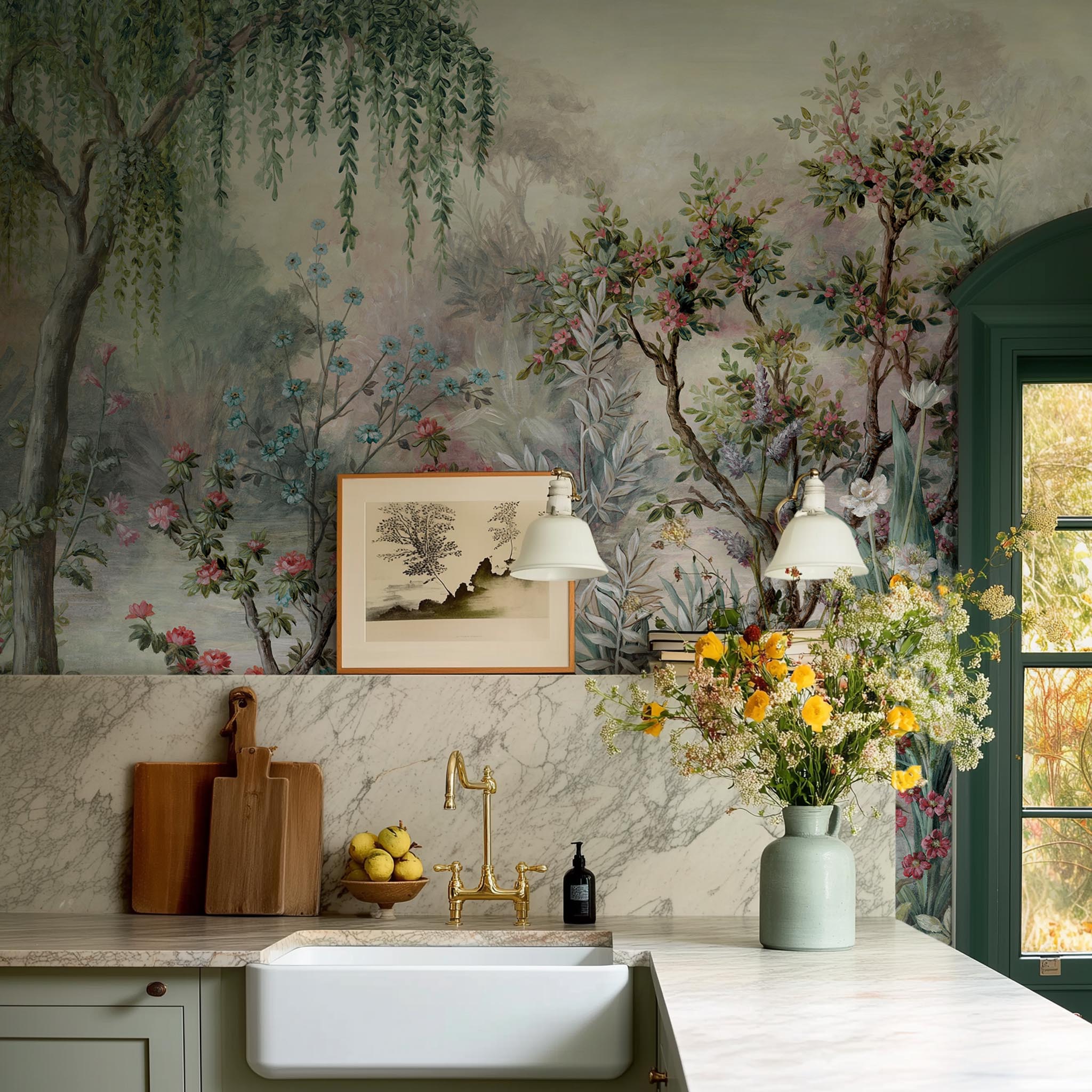 A cropped view of kitchen featuring a panoramic vinyl wallpaper mural of a lakeside garden scene in mint and pink.