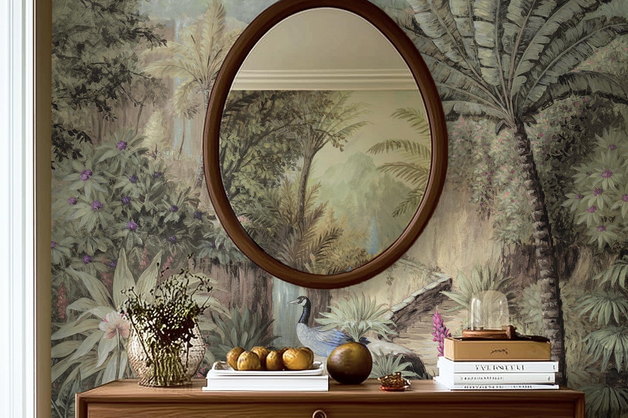 A cropped view of bedroom featuring a panoramic matte wallpaper mural of a tropical paradise in cool greens and blushes.