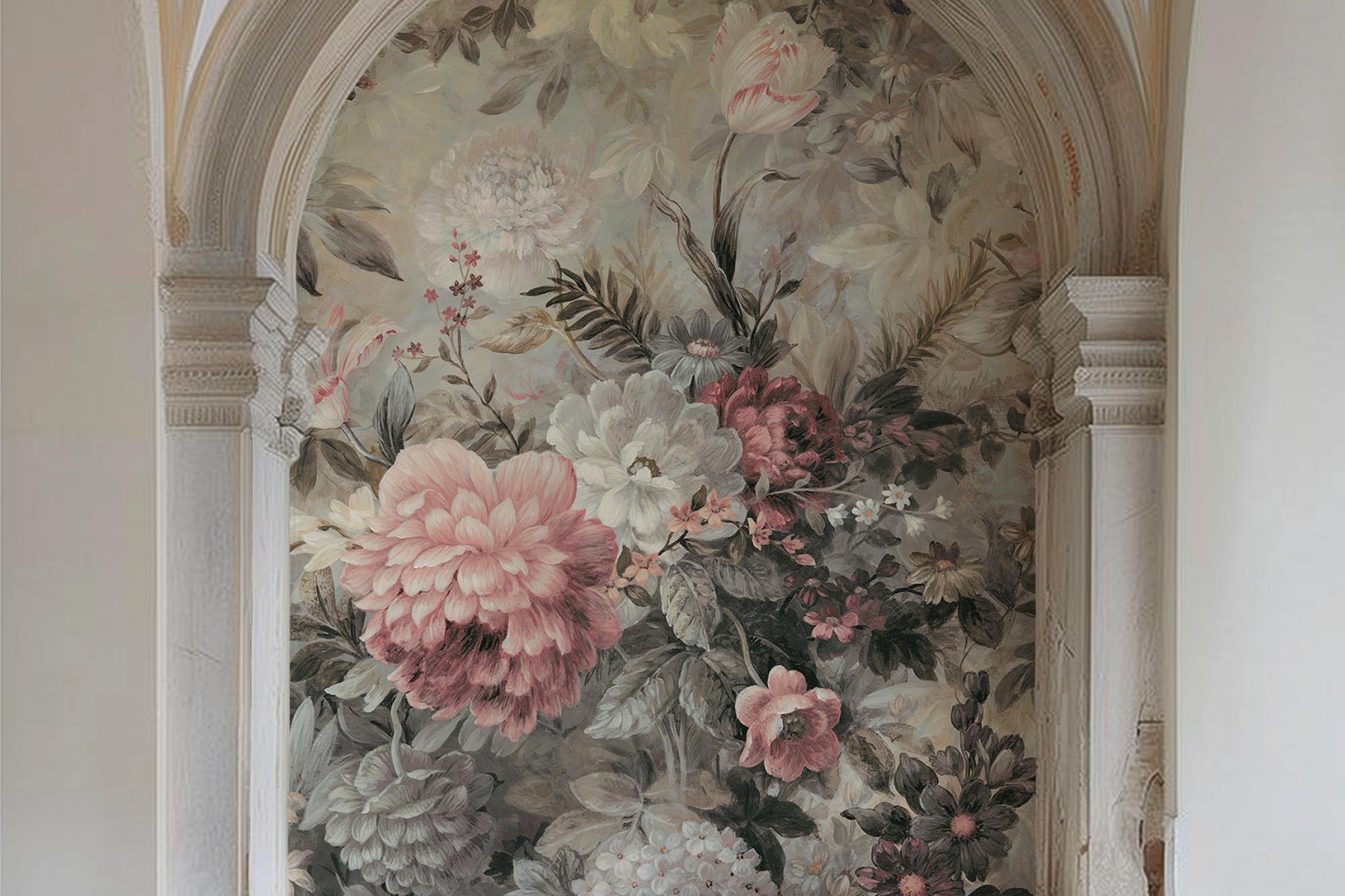 An interior hallway featuring a panoramic vinyl wallpaper mural of a floral composition in soft neutrals.