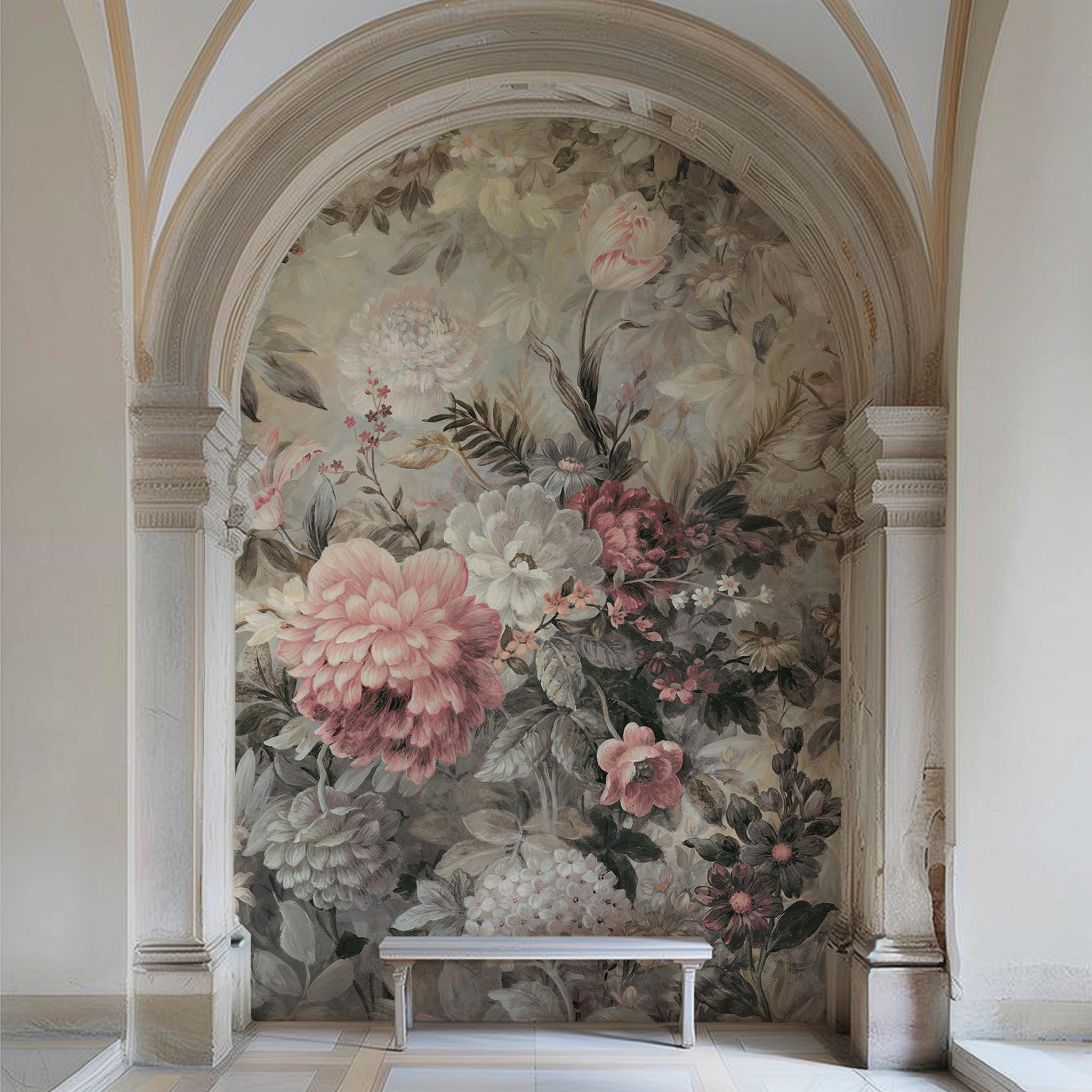 An interior hallway featuring a panoramic vinyl wallpaper mural of a floral composition in soft neutrals.
