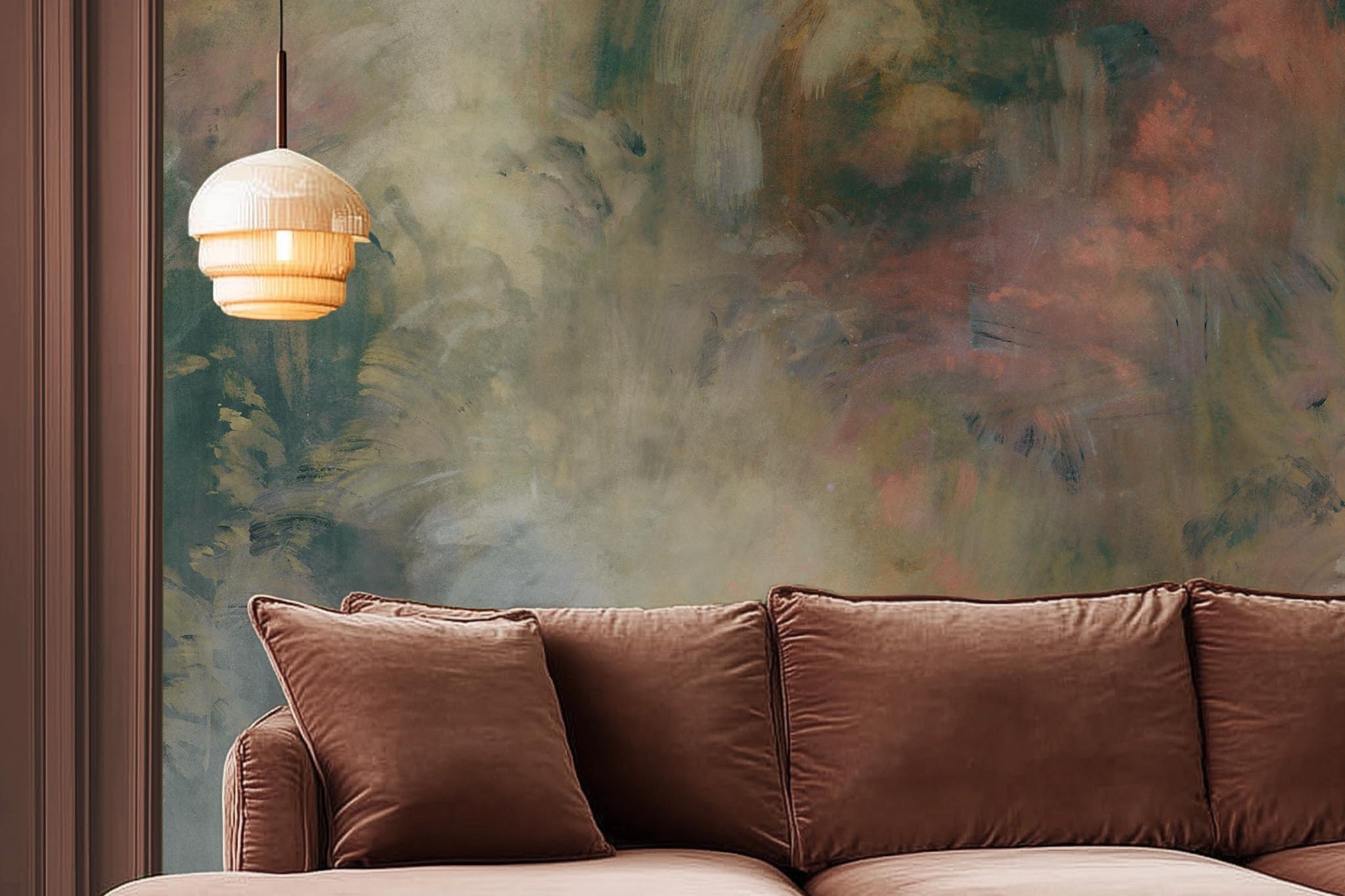 A cropped view of living room featuring a panoramic matte wallpaper mural of an abstract haze in green and blush.