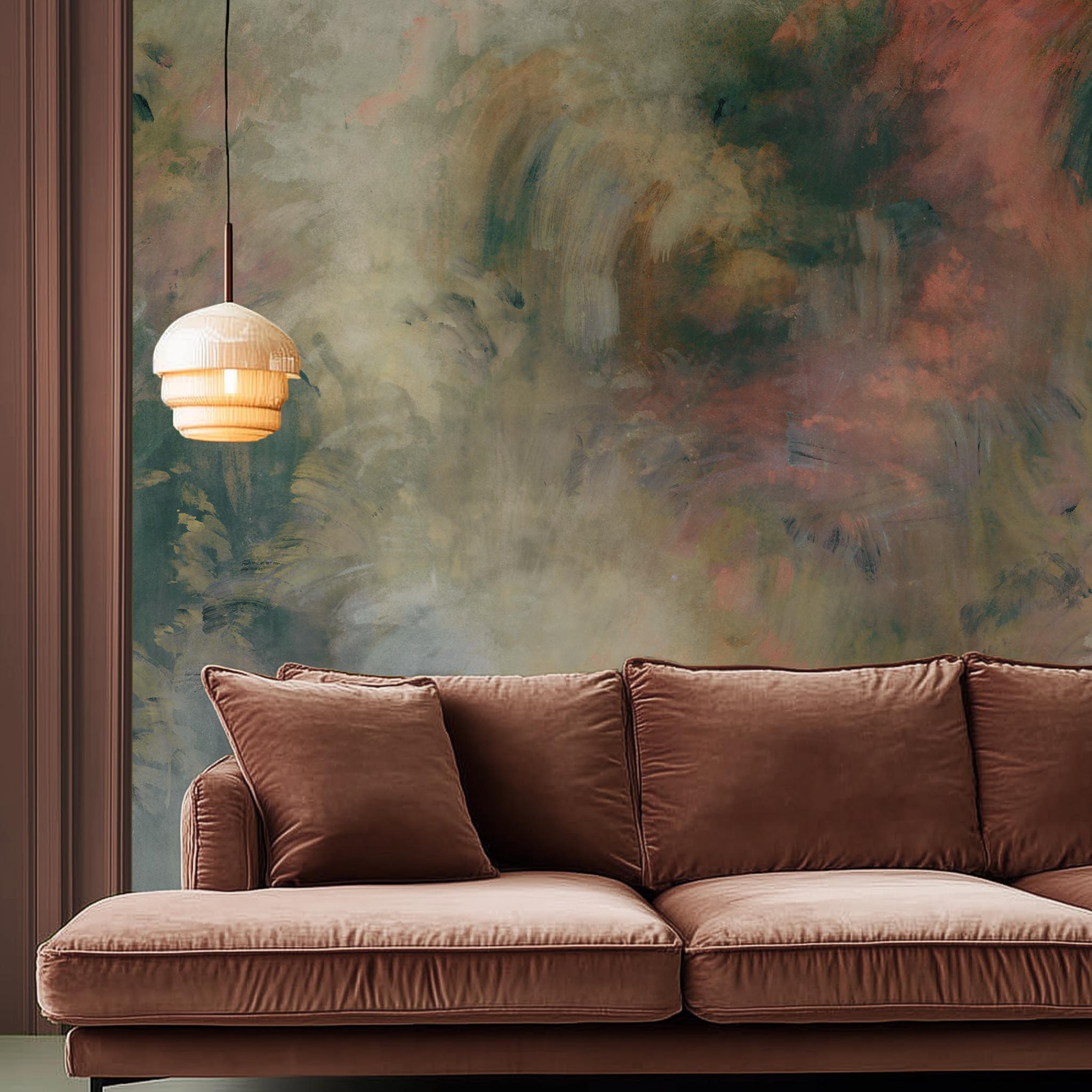 A cropped view of living room featuring a panoramic matte wallpaper mural of an abstract haze in green and blush.